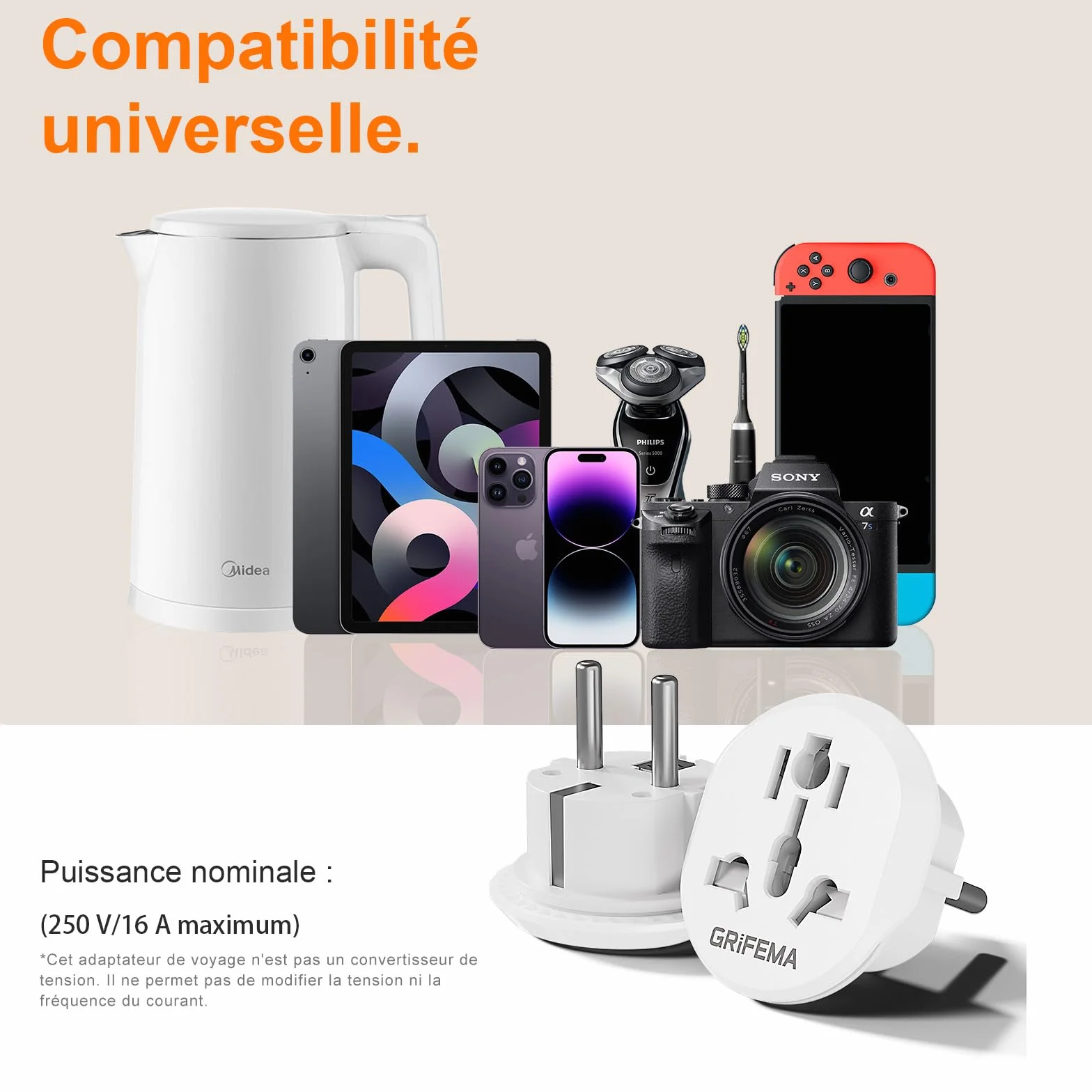 GRIFEMA Adaptateur de Voyage Universel Lot de 2, 4000W Haute Puissance Prises Type C E F France Europe