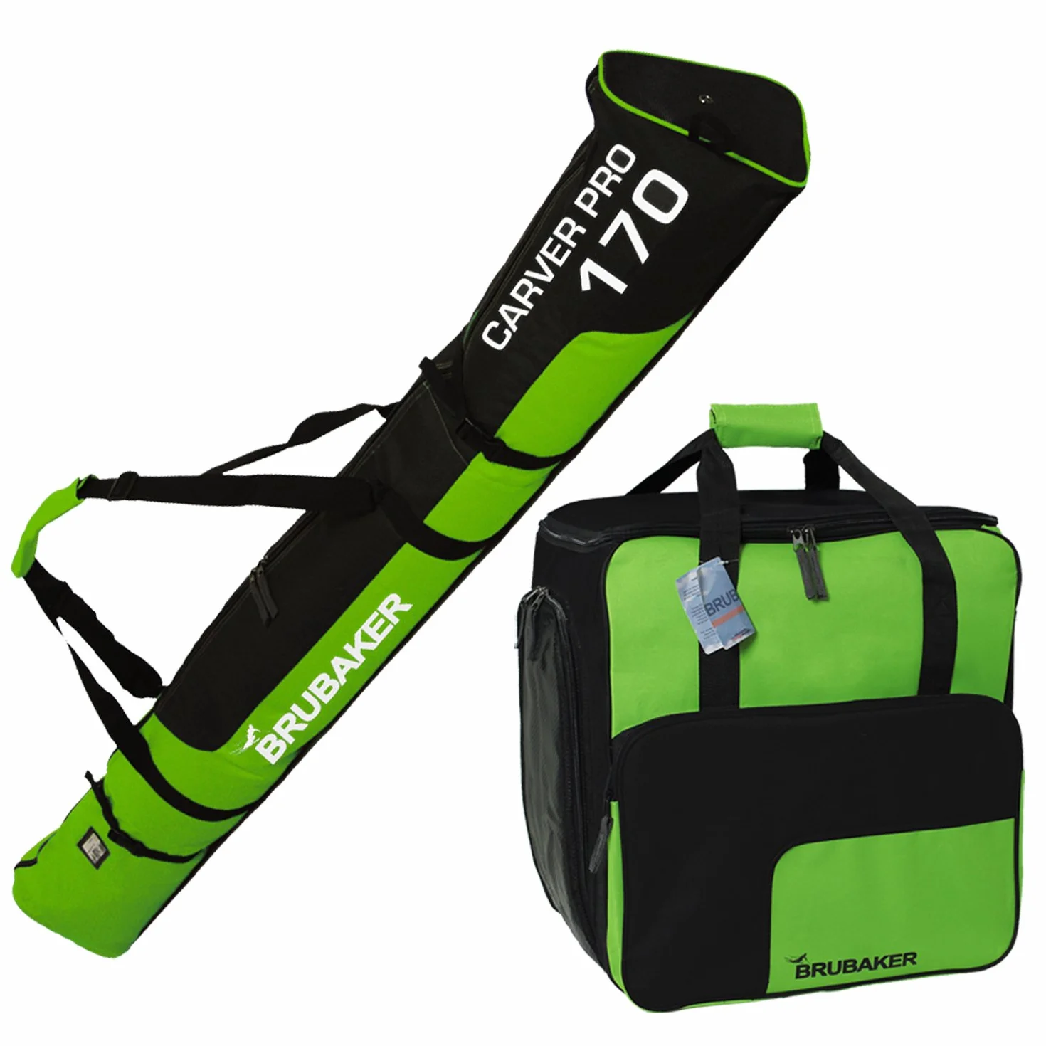 BRUBAKER Sac à Chaussures de Ski et Housse à Skis Carver Pro 2.0 pour 1 Paire de Skis 170 cm Vert/Noir