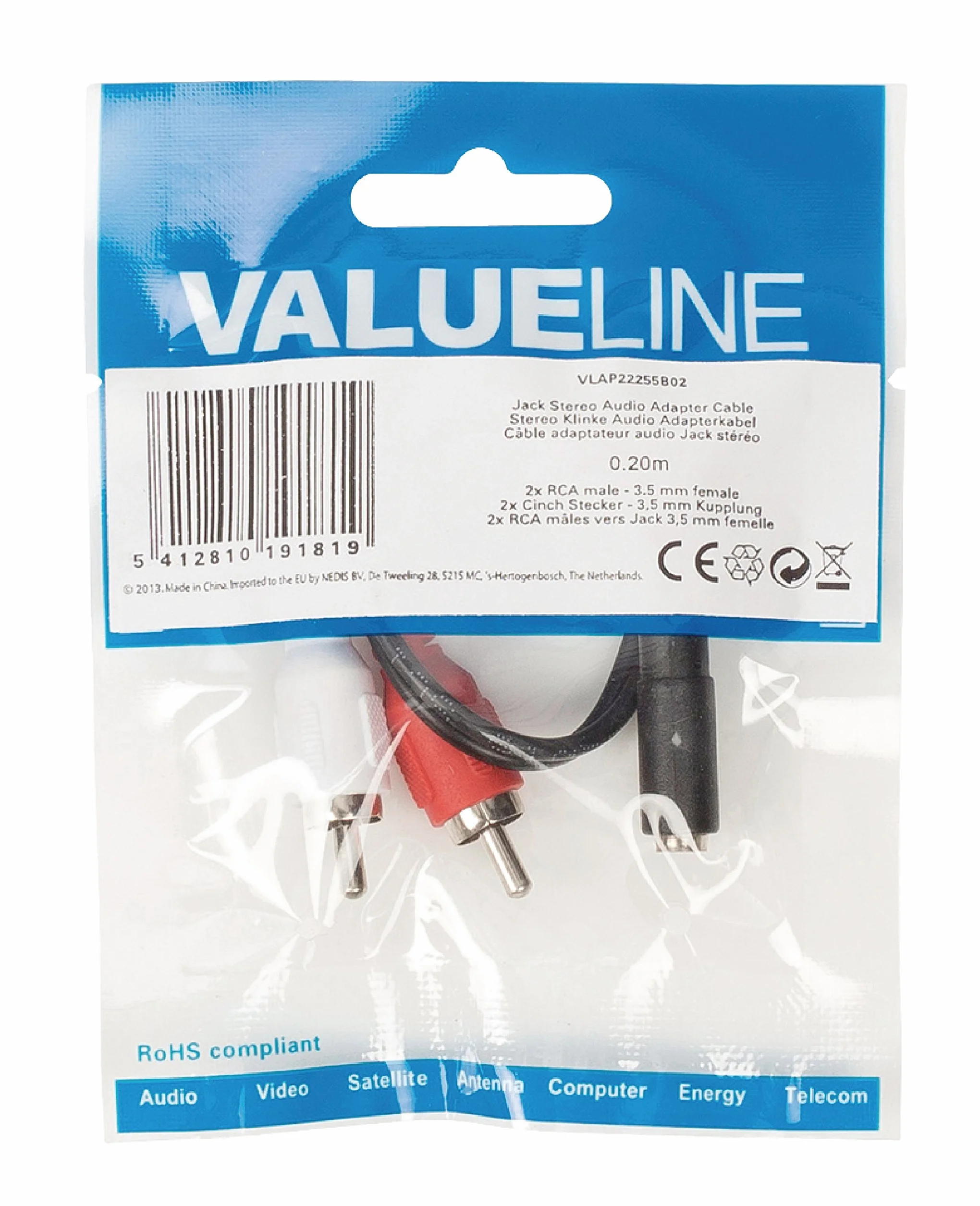 Valueline VLAP22255B02 - Câble audio stéréo - 2x RCA Mâles vers 3.5 mm Femelle - 20cm