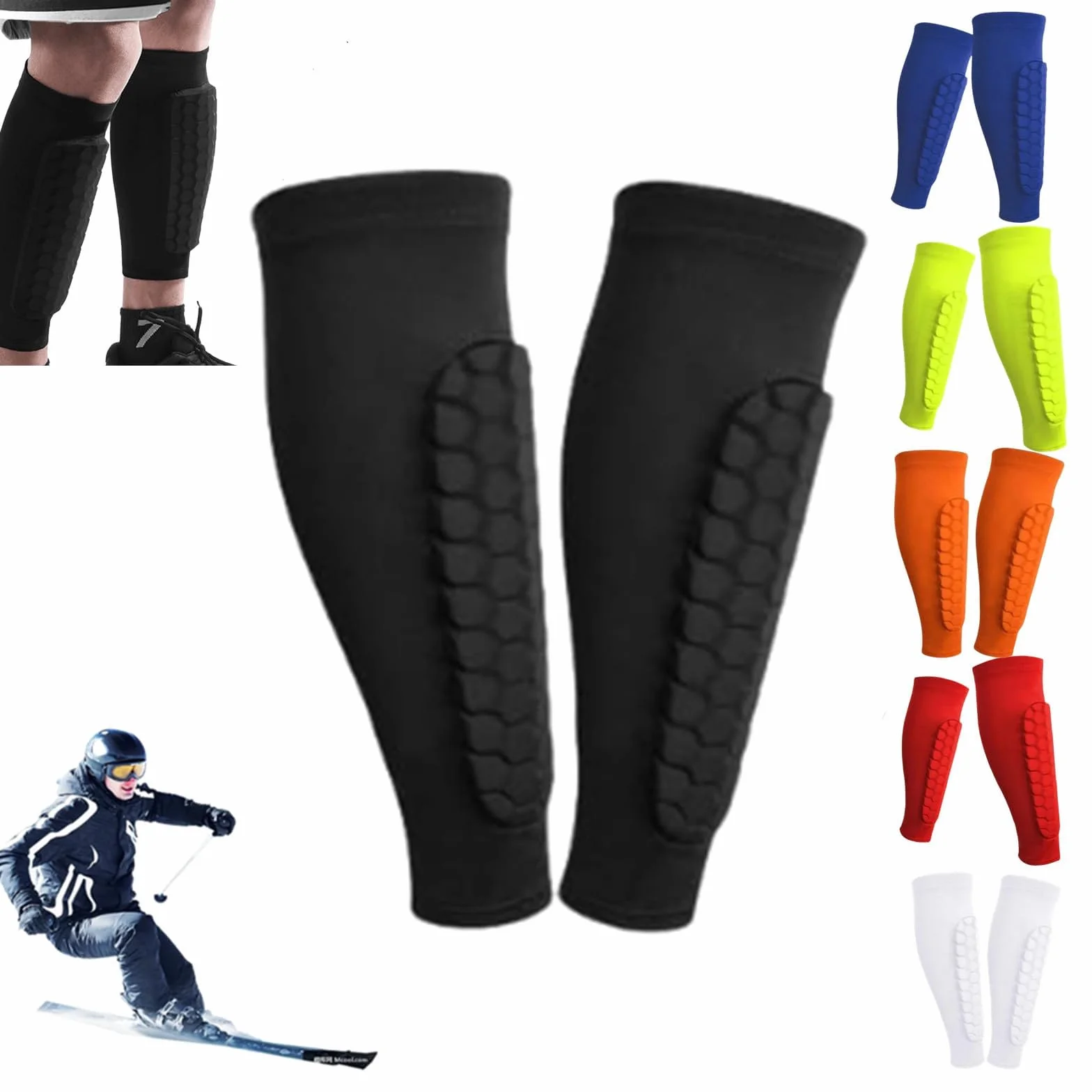 Chaussette Protege Tibias Ski Anti-Collision Longs élastiques Structure Nid d'abeille pour Skier Football