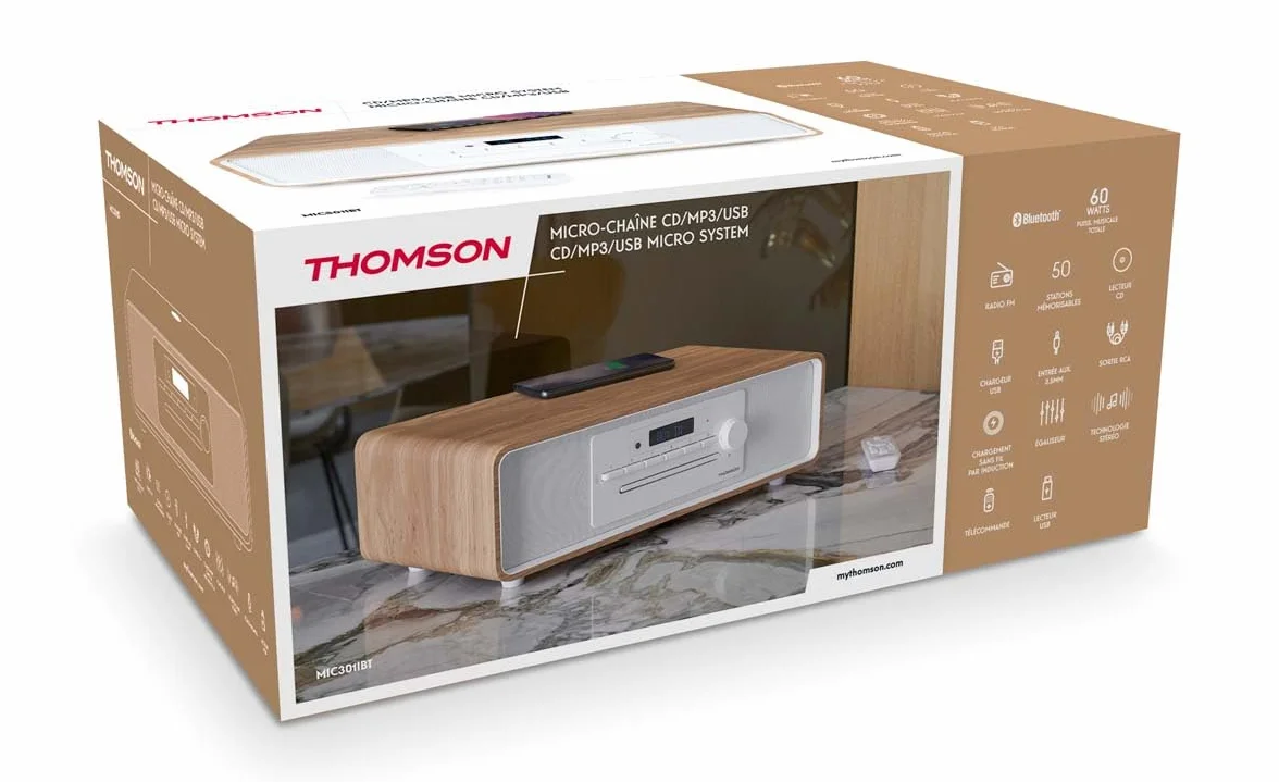 Microchaîne Stereo CD, Radio FM,50 Stations préréglées,USB Bluetooth AUX-in + Chargeur sans Fil et USB THOMSON - MIC301IBT