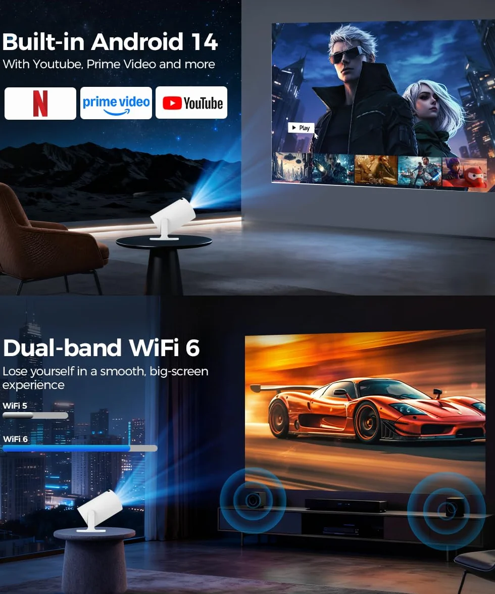 Mini Vidéoprojecteur 4K Supportée 5G WiFi 6 BT 5.4 720P Full HD Native Portable Correction Trapézoïdale Horizontale Automatique Rotatif 180°