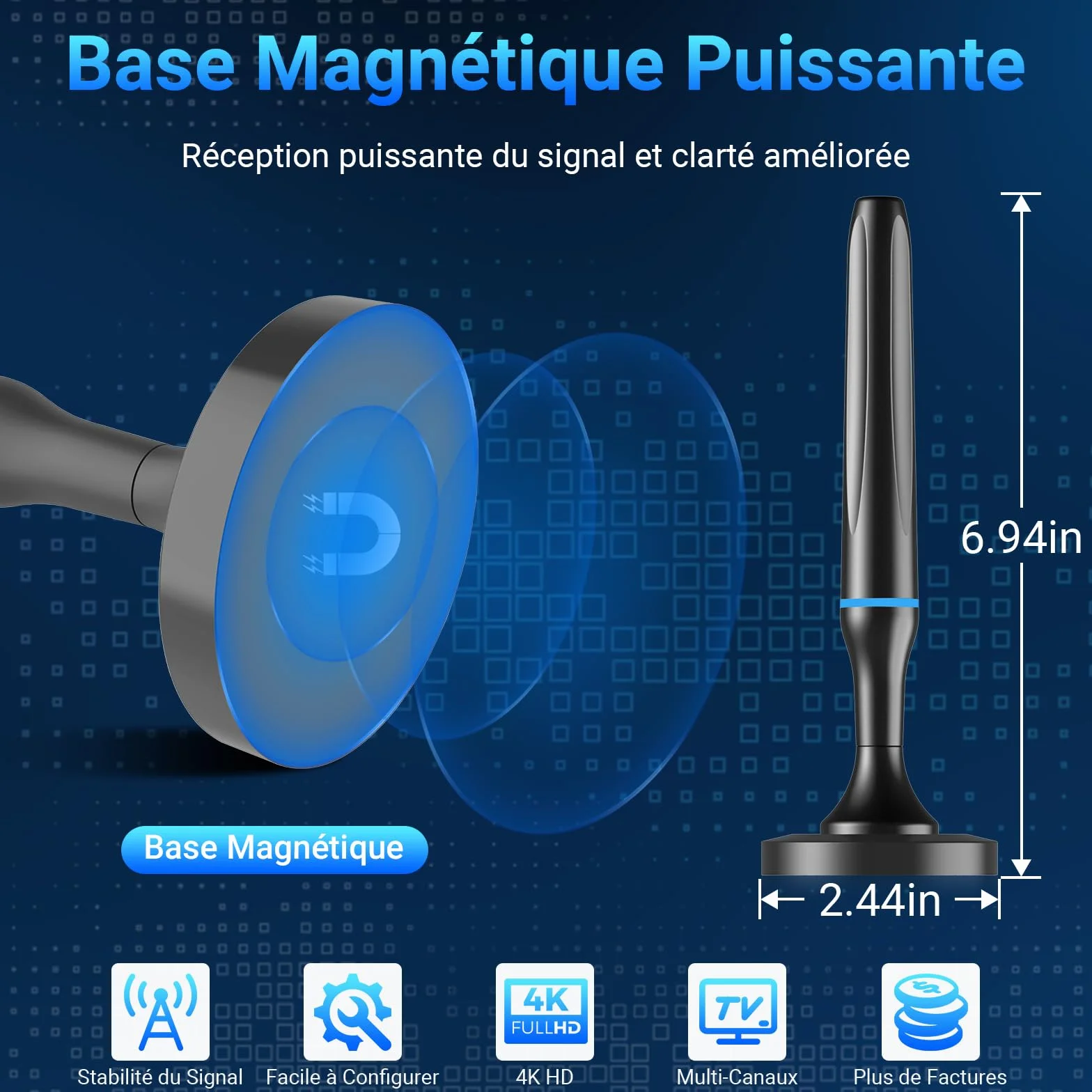 Antenne TV Intérieur Puissante TNT HD, 2026 Puissante Antenne TV Intérieur de Base magnétique puissante - 80km Réception Longue Portée à 360°, Compatible avec Portable 4K 1080P et Tous Les TVs (Bleu)