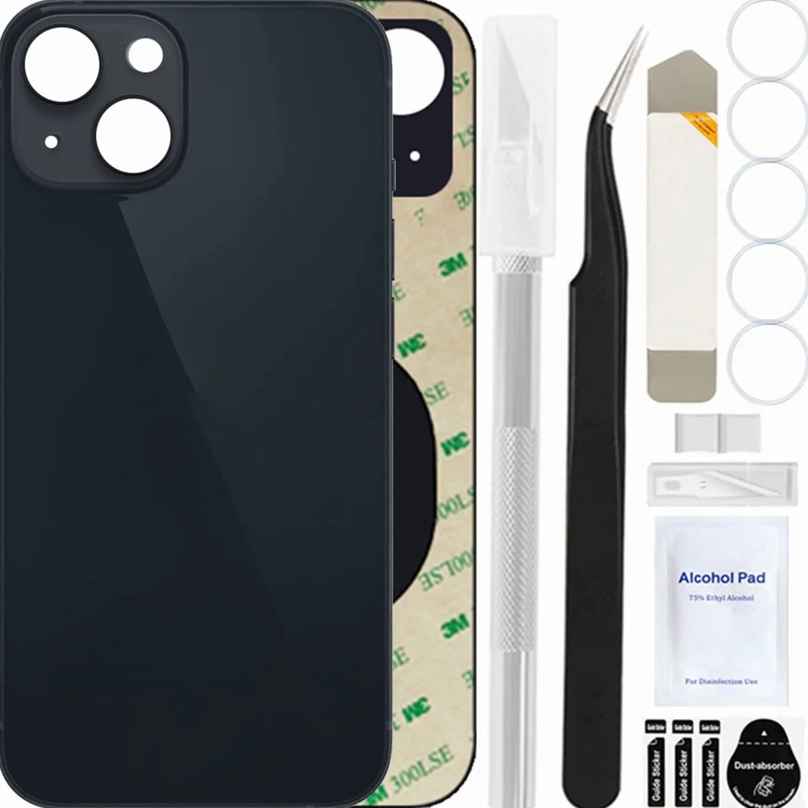 Remplacement de la Couverture arrière (sans Logo) pour iPhone 13, Trousse d'outils de réparation Professionnelle, éhérence et élastiques préinstallés (6,1 Pouces/Minuit)