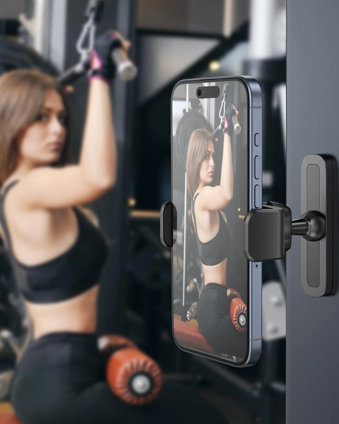 Support magnétique téléphone portable réglable 360° pour salle de sport, compatible smartphones 4,7-6,5", noir