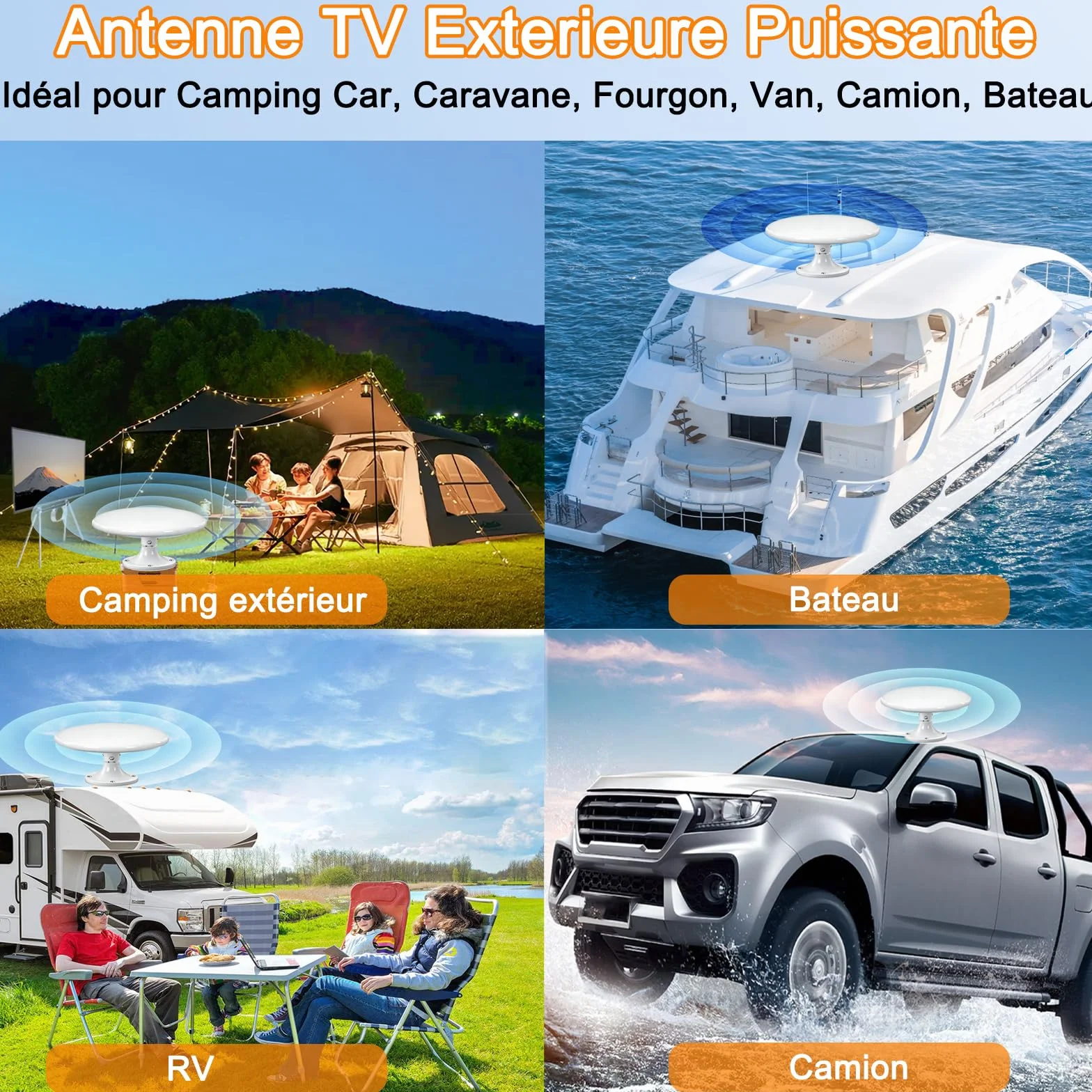 Antenne TV Exterieure Puissante DVB-T/DVB-T2 TNT Omnidirectionnelle 720° pour Camping Car Caravane Van Bateau