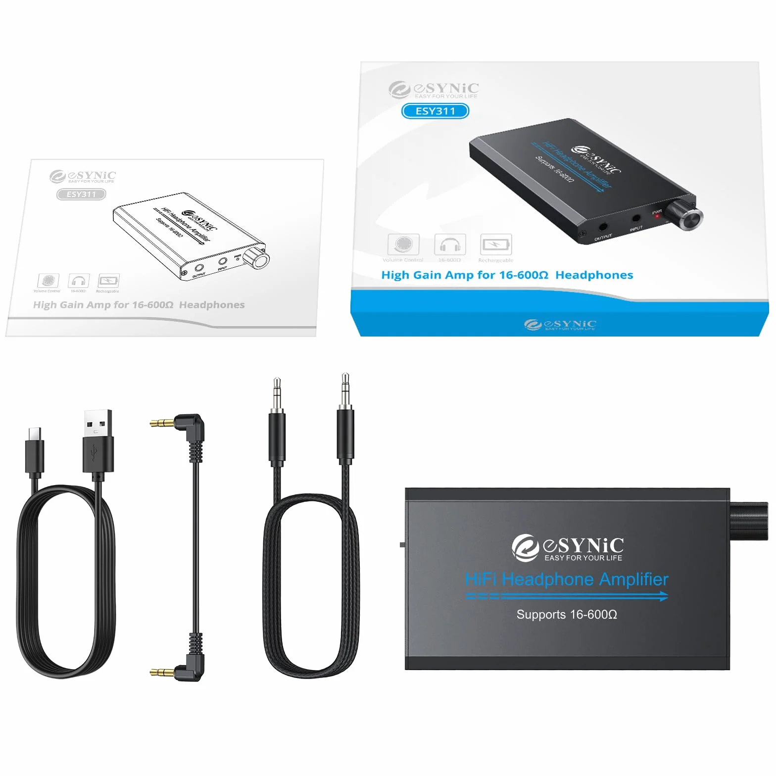 eSynic Ampli Casque Portable 16-600Ω Commutateur de Gain Amplificateur de Casque HiFi Interface Stéréo 3,5 mm Batterie au Lithium Amplificateur Audio Professionnel pour MP3 MP4 Téléphones Ordinateurs