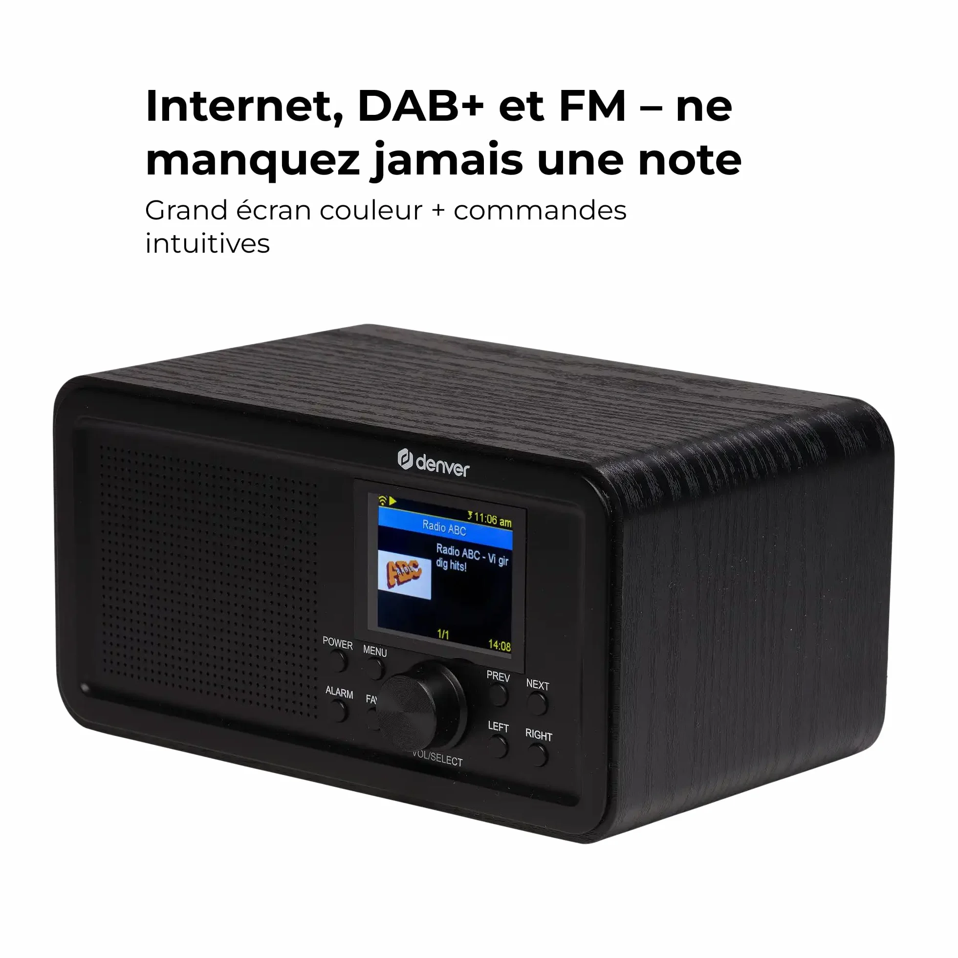 Denver DIR-200 Radio Internet Dab+/FM Wi-FI Bluetooth 5.0, écran 2,4 Pouces, AUX, Piles AA ou USB-C, Noir