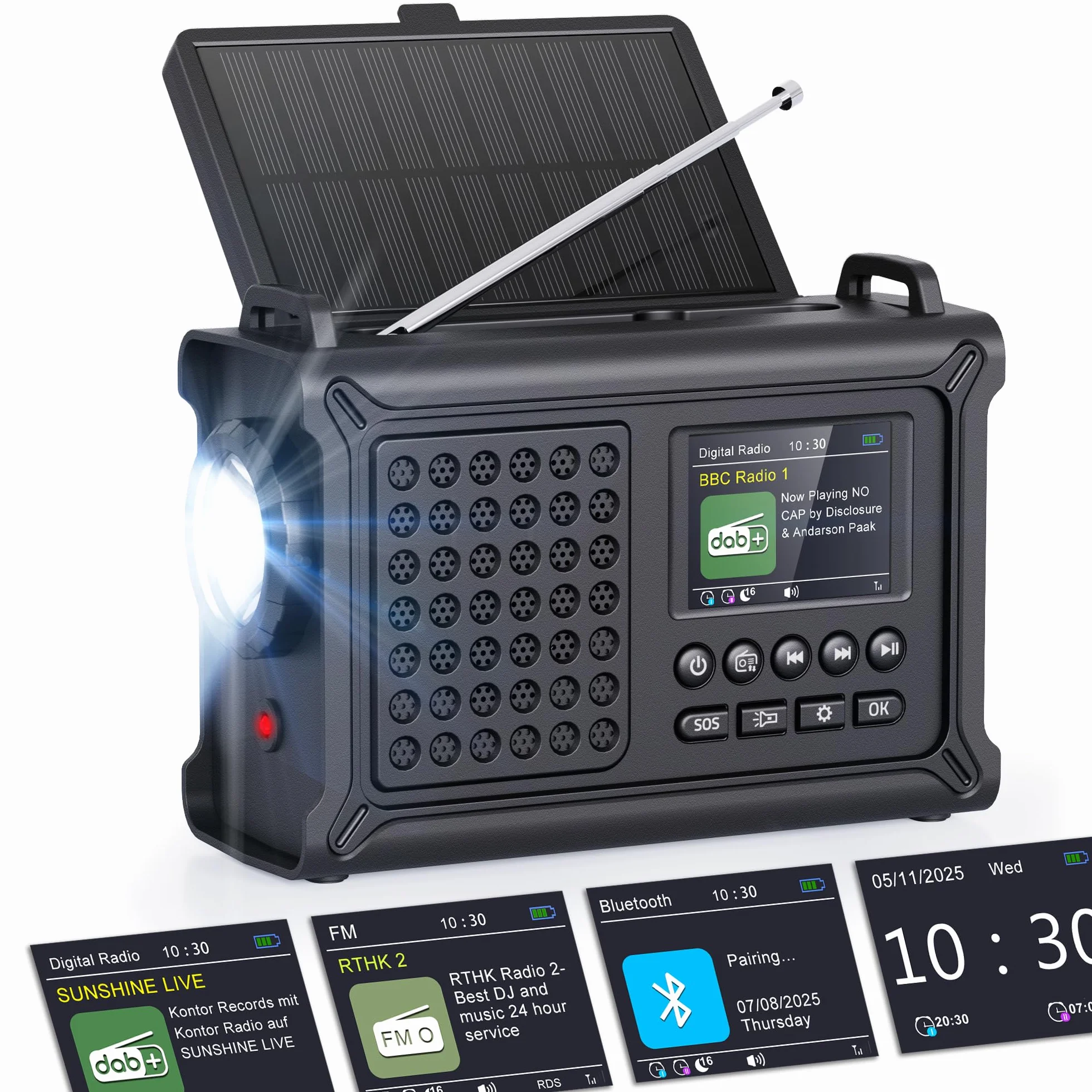 ROCAM Radio d'urgence Dab+/FM avec Bluetooth, Radio Numérique Portable 12000mAh avec Panneau Solaire 8500mm² & Manivelle 650mA, Écran Couleur 2,4", 80 Stations, SOS, Lampe LED, USB, IPX6 pour Camping