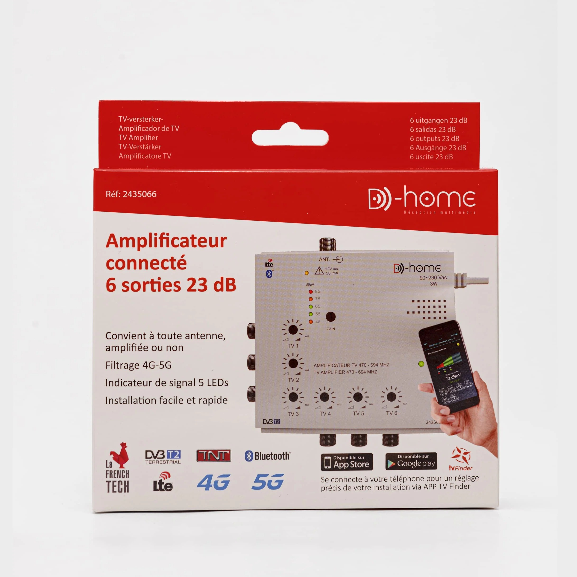 Amplificateur TV TNT Intérieur 6 Sorties 23dB Connecté Filtré 4G-5G avec App Mobile TV Finder
