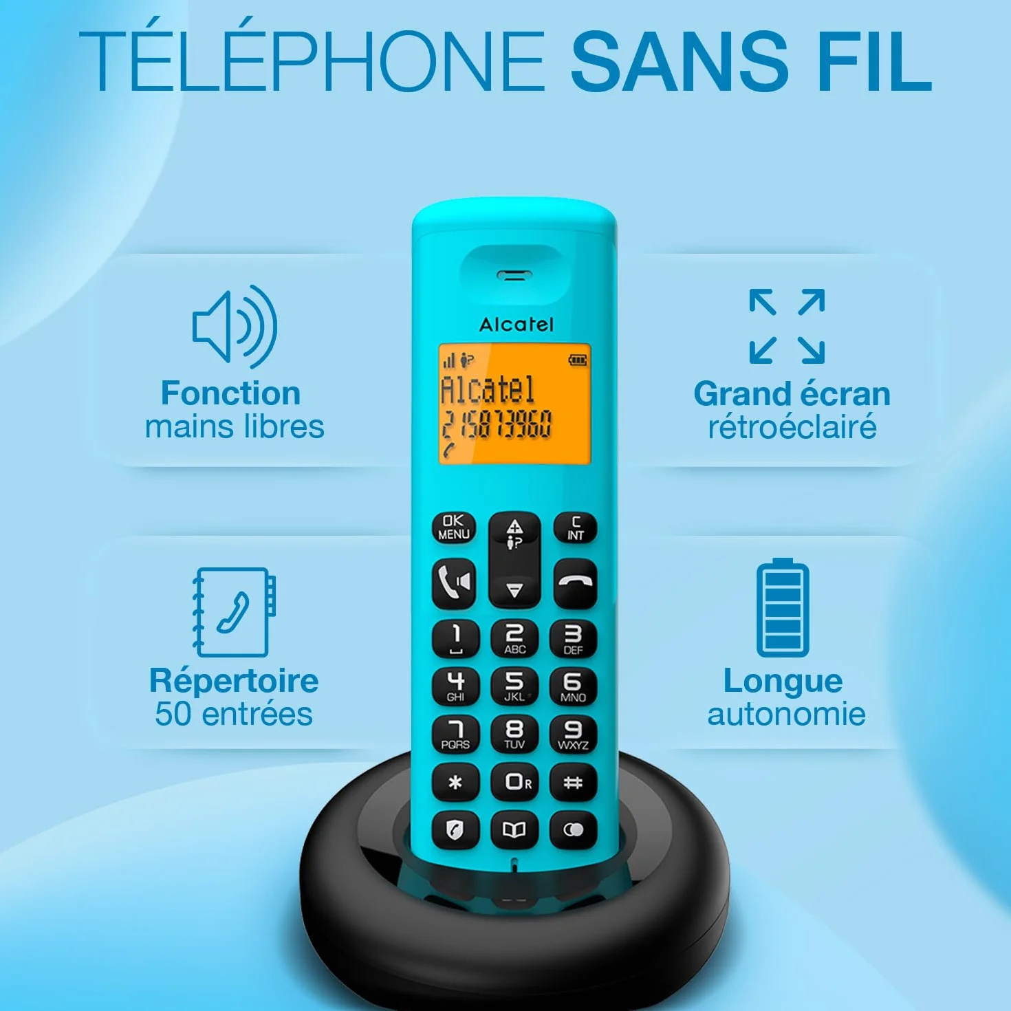 ALCATEL E260 Téléphone Fixe sans Fil DECT Grand Écran Rétroéclairé Mains Libres Blocage Appels Indésirables Bleu