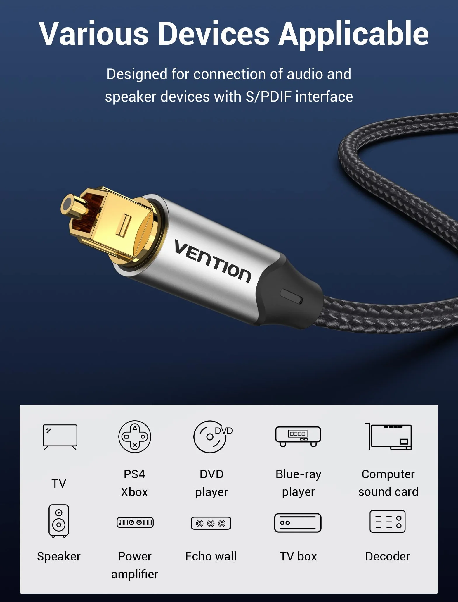 VENTION Câble Optique Audio Toslink 2m Nylon Tressé 24K Plaqué Or