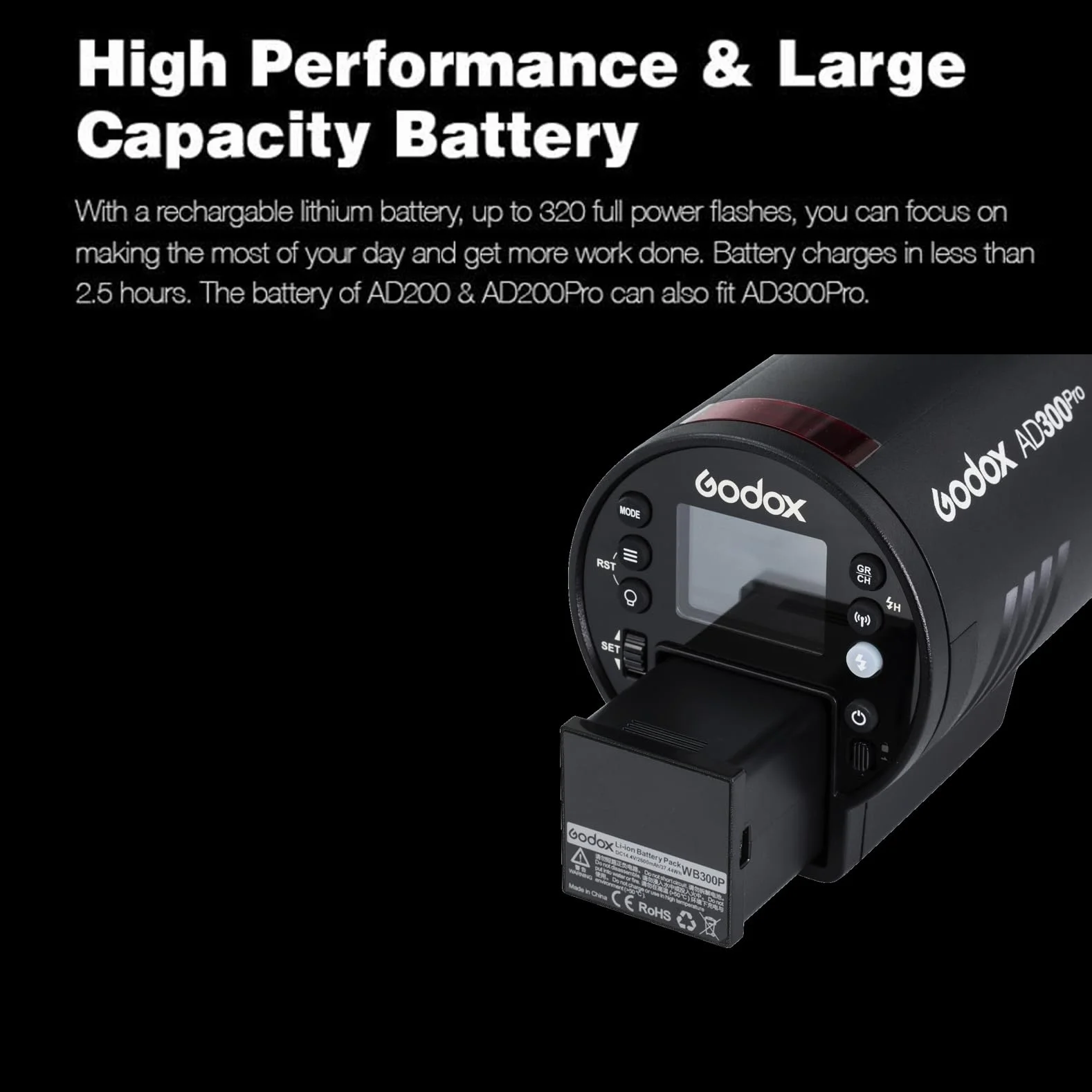 Godox WB300P Batterie pour Godox AD300Pro AD300ProII Flash avec au Lithium Haute Performance DC 14.4V 37.44Wh 2600mAh Répondre à Vos Exigences en Matière de Photographie