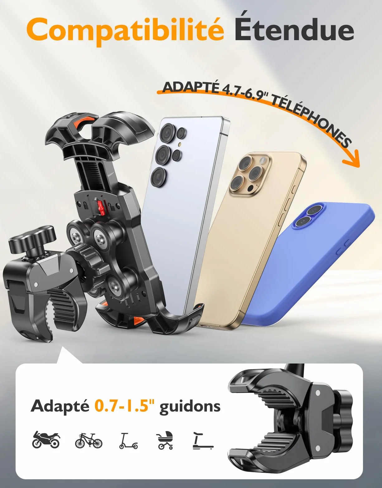 Support Telephone Moto Anti Vibration, [sans Outils] Support Porte Telephone Velo, [Coussin Silicone] Support Téléphone Trotinette Electrique Compatible iPhone, Galaxy, Smartphones 4.7-6.9''