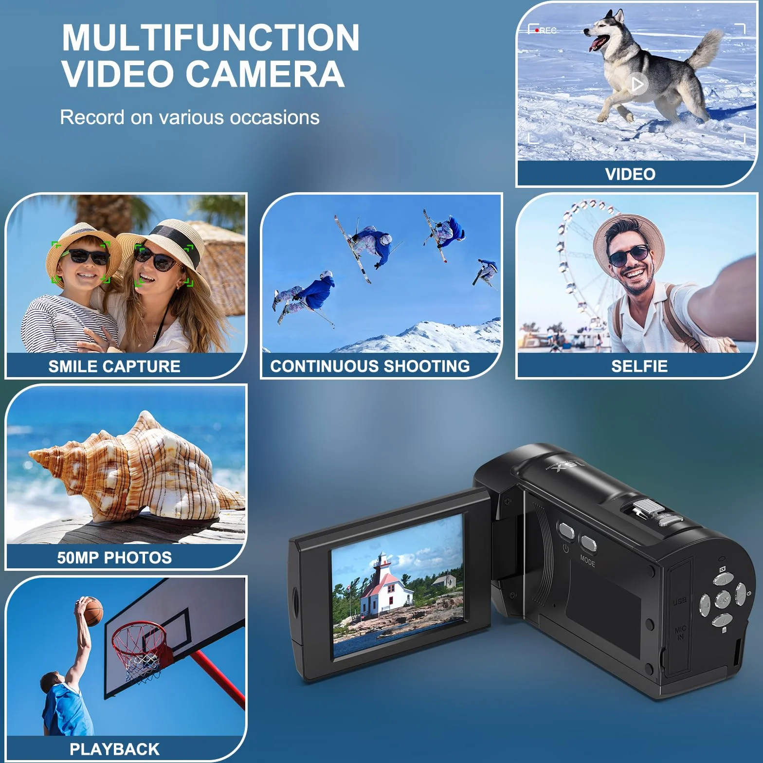 Caméra vidéo 2.7K 56MP avec éclairage LED, Zoom numérique 16X, Écran LCD 2,8", Carte SD 32 Go, 2 Piles