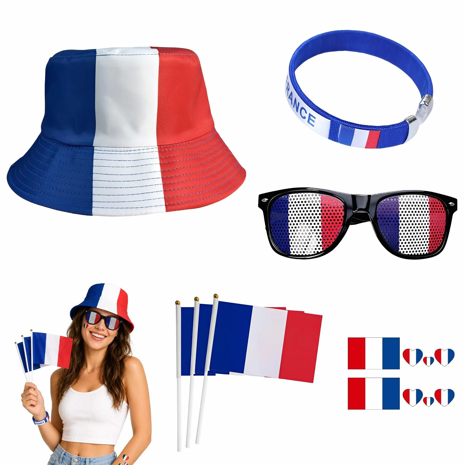 Kit Supporter France 8 Pièces Accessoires Tricolores Chapeau Lunettes Drapeaux Bracelet Autocollants Bleu Blanc Rouge Maillot Equipe De France Foot 2026