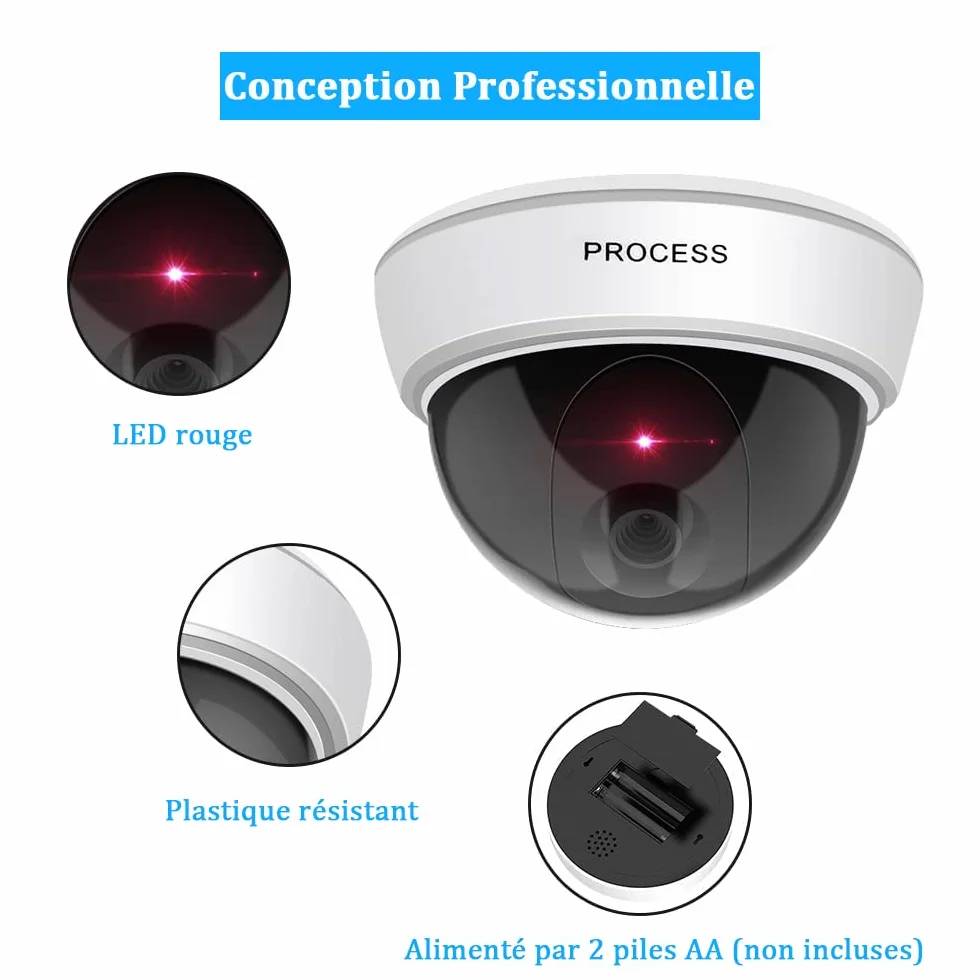 ERWEY Lot de 2 Caméras Factices Extérieur & Intérieur, Fausse Caméra de Surveillance Dôme avec Lumière LED Rouge Clignotante & Autocollants CCTV, pour Mur et Plafond (Blanc)