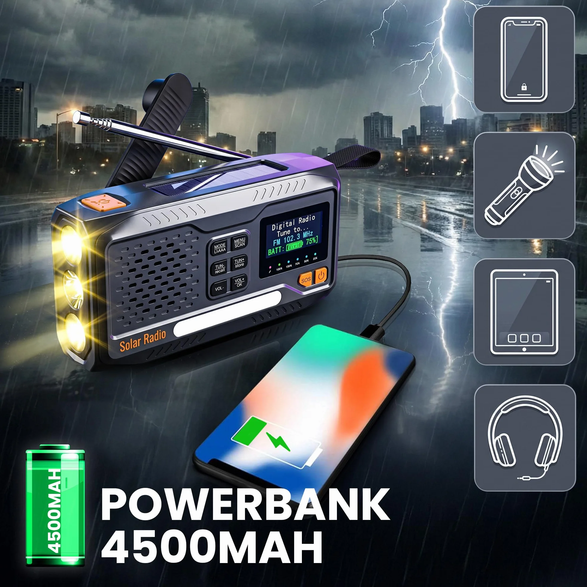 Radio Solaire Extralink 4500 mAh FM DAB Bluetooth LED SOS Camping