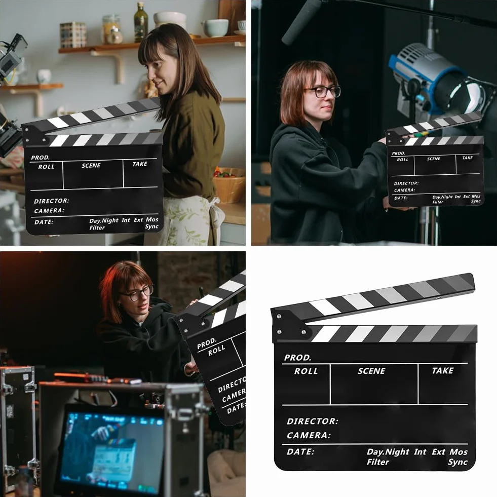Clap de Cinéma 30 x 25cm,Acrylique Film Clapper,avec effaceur magnétique,2 stylos,Clap Cinéma pour Tournage Film,Tournage Vidéo