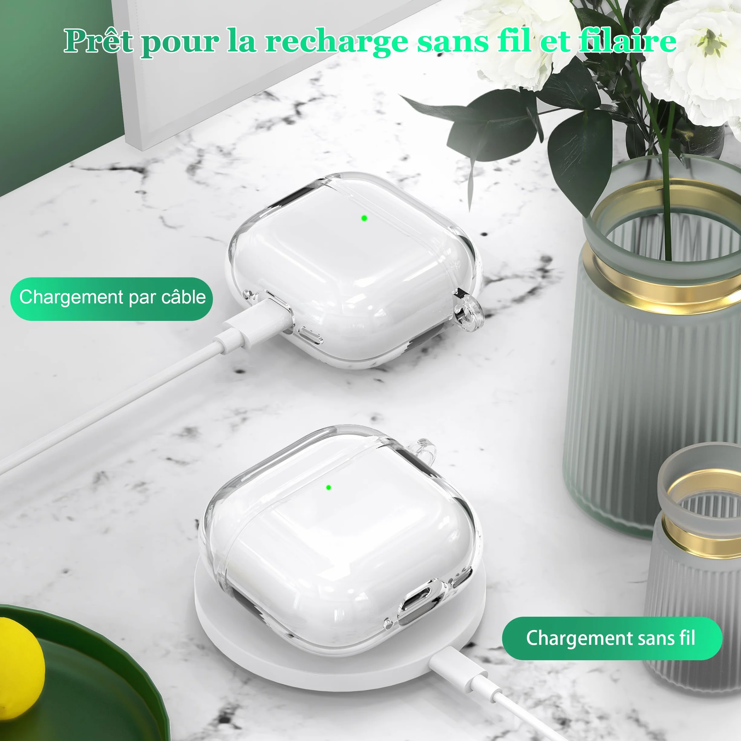 Coque AirPods 4 2024 TPU Transparent Anti-jaunissement avec Kit de Nettoyage Boucle Ronde Blanc