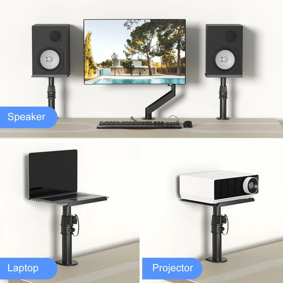 Suptek Supports d'enceintes à Pince pour Bureau, Réglables en Hauteur, Inclinables et Pivotants, Plateaux 24,4 x 22,4 cm, Supports Universels pour Enceintes PC et Bibliothèque, Lot de 2, Noir, SDM001B