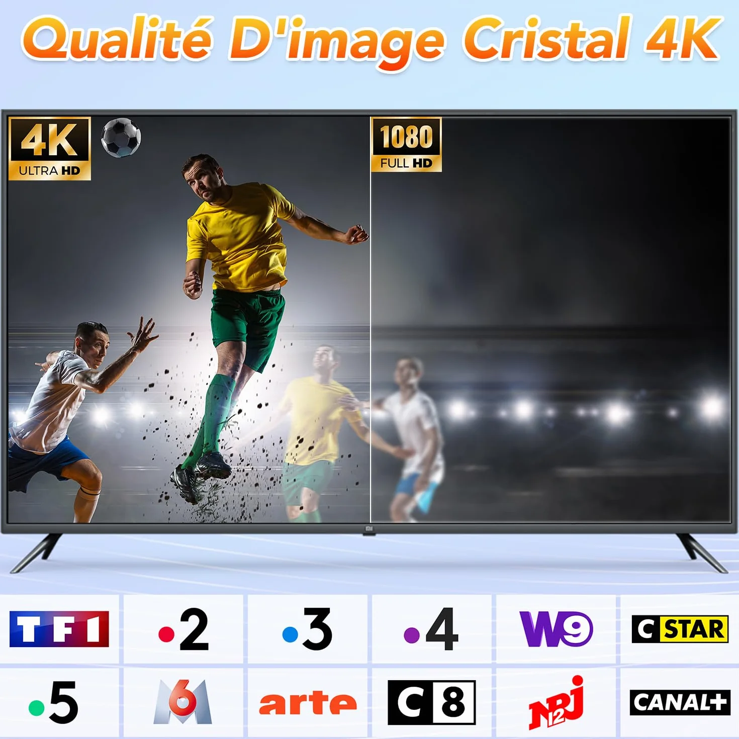 Antenne TV Intérieur Puissante, TNT Signal à Gain Élevé, Réception 360° Longue Portée 500km, Support 4K HD/1080P Chaînes Gratuites