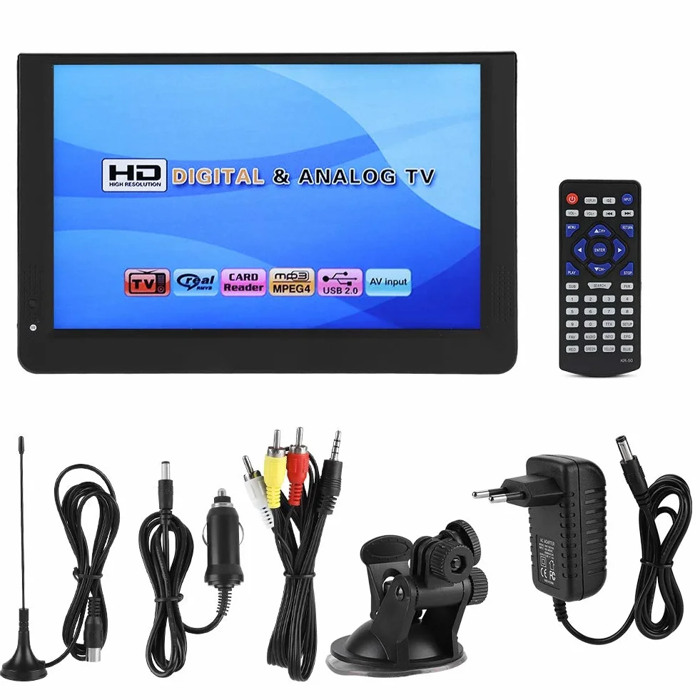 Téléviseur numérique Portable, Lecteur de télévision numérique Portable 1080P 12 Pouces 16: 9 LED, pour Chambre à Coucher, Cuisine, Caravane, Voiture, avec Support