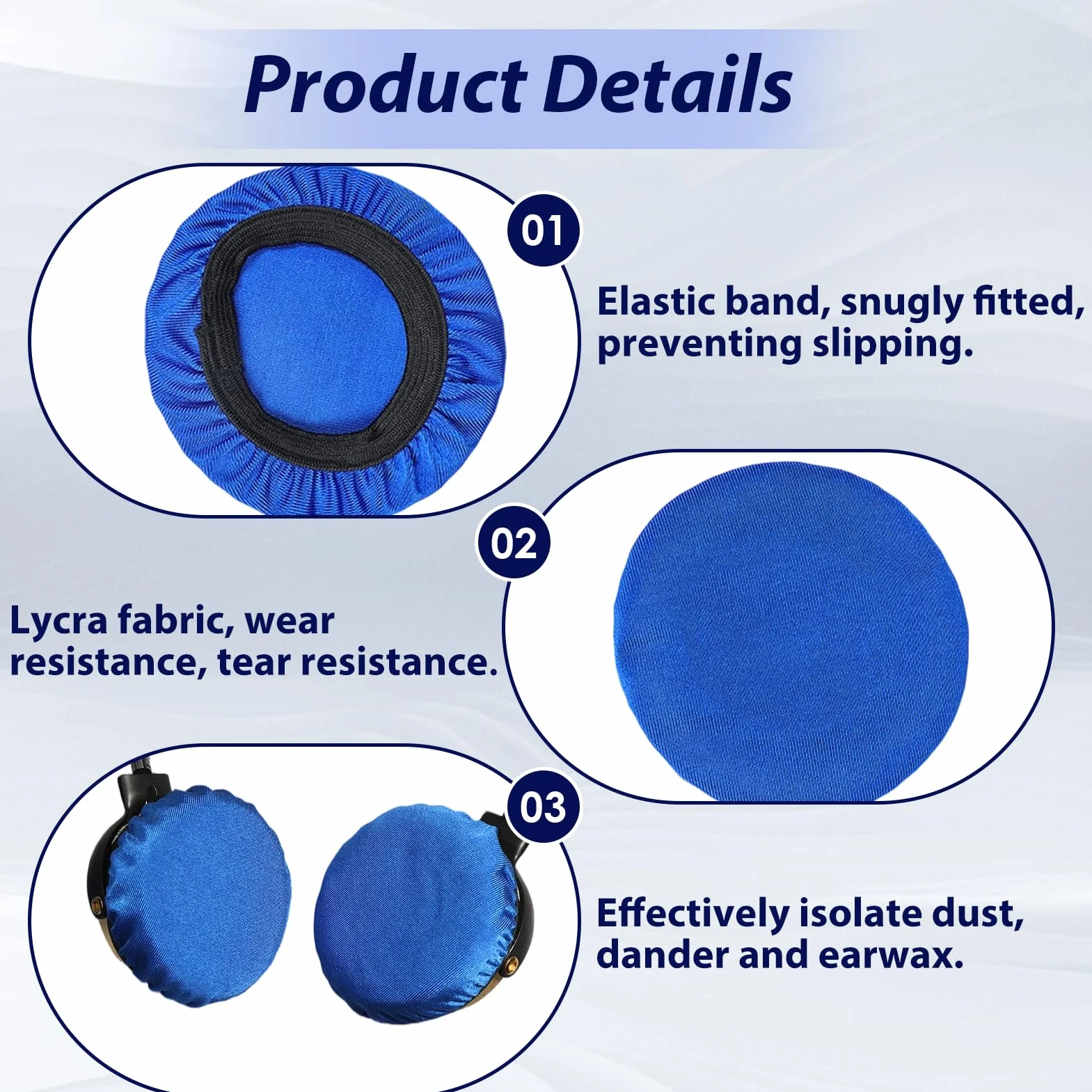 Housse de Protection pour Coussinets de Casque Audio, 6 Pièces, Tissu Élastique Bleu Lavable, Diamètre 6-8.5 cm