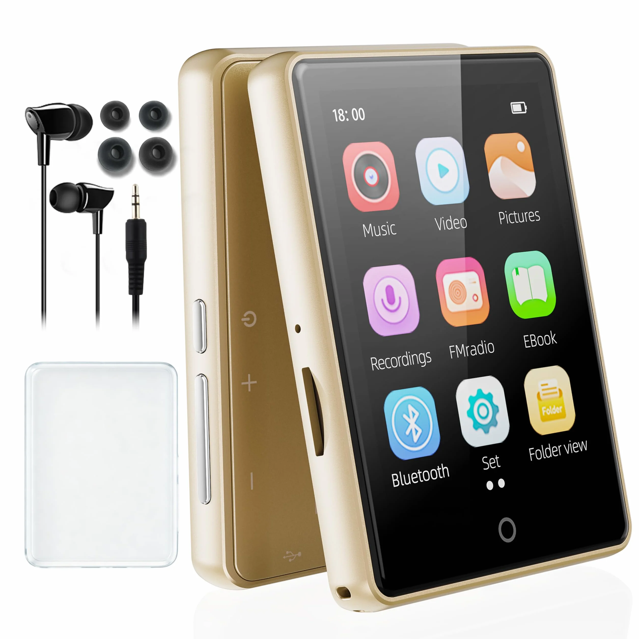 Lecteur MP3 Bluetooth 5.3 64Go 2.8" Écran HiFi Audio MP4 Baladeur Sport Radio FM Podomètre Enregistreur Carte 128Go Or
