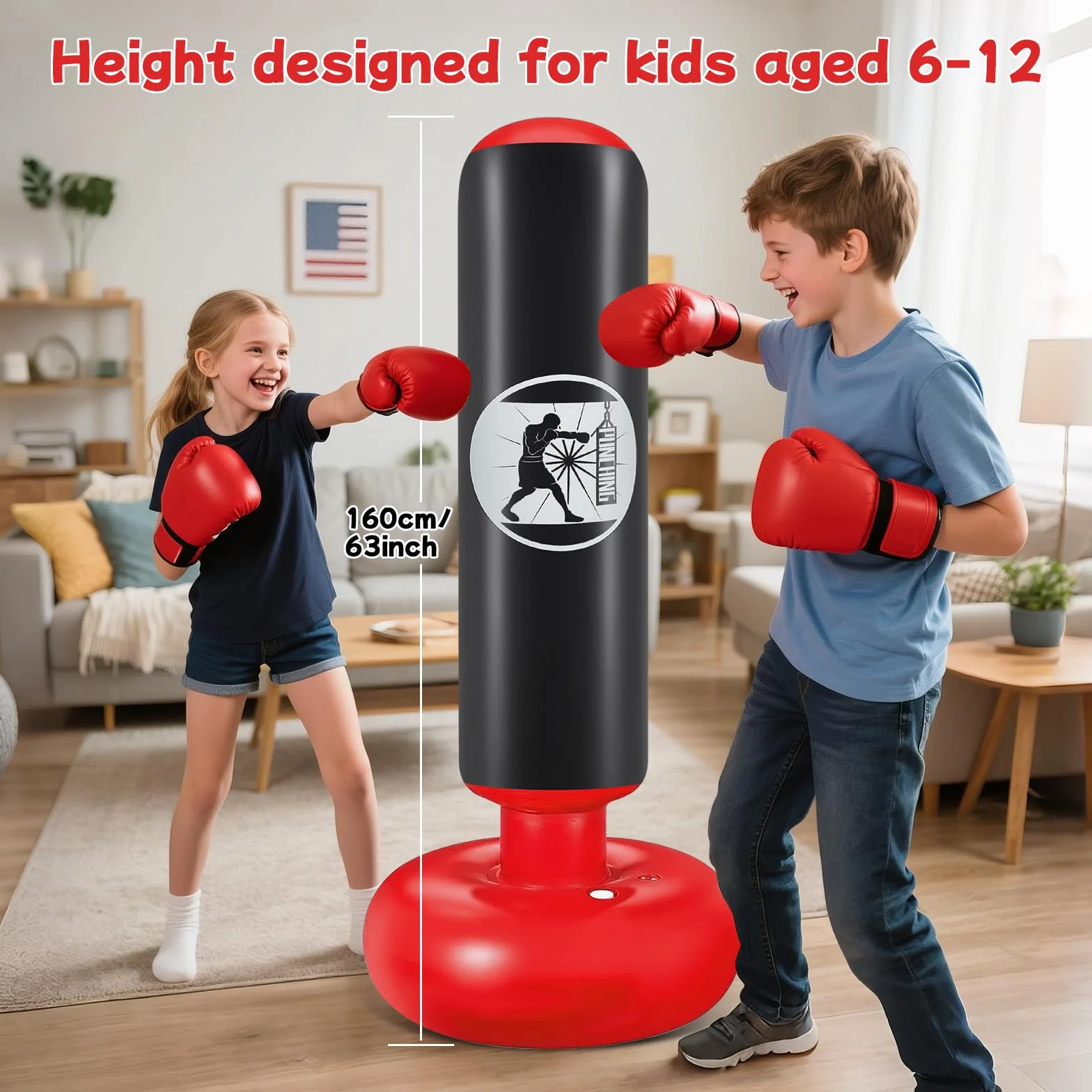 Ninonly Sac de Boxe Enfant 160cm Gonflable avec Pompe et Gants, Set Punching Ball Cadeau 3-12 Ans