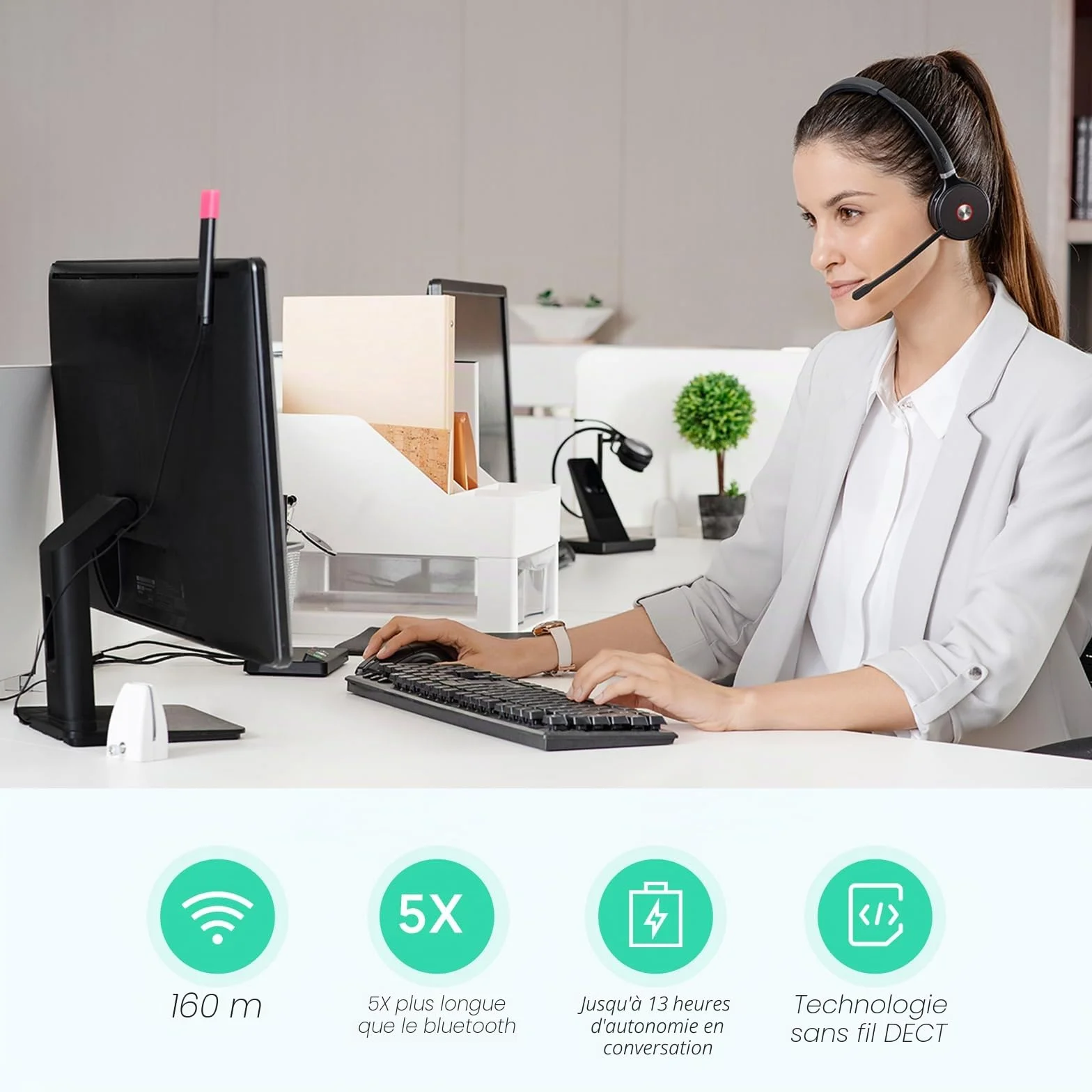 Yealink Casque sans Fil avec Micro WH62 Mono, Portée 160m, Micro Réduction de Bruit, Autonomie 13H, Compatible avec Teams/Zoom/PC et Téléphones Fixes IP