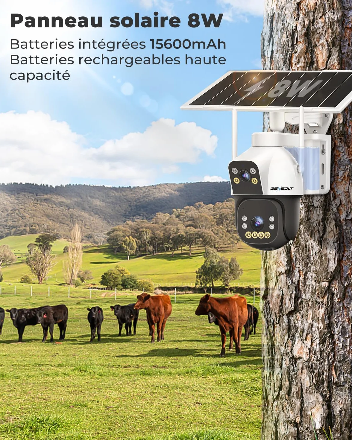 GENBOLT 4G AOV Solaire Caméra De Surveillance Extérieur sans Fil, Enregistrement 24/7 3MP+3MP IP SIM Caméra Surveillance Batterie avec détection IA, 8W 15600mAh Caméra CCTV