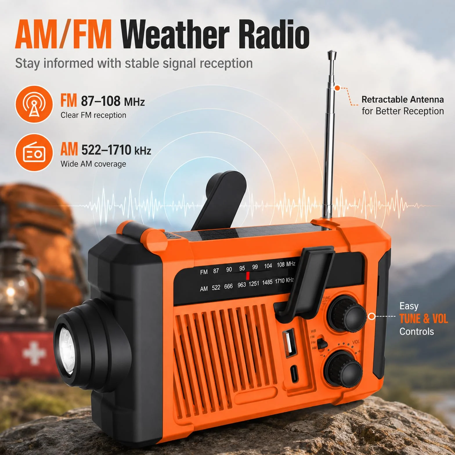 Radio d'urgence solaire à manivelle 2000 mAh AM/FM SOS Lampe LED Charge USB Camping
