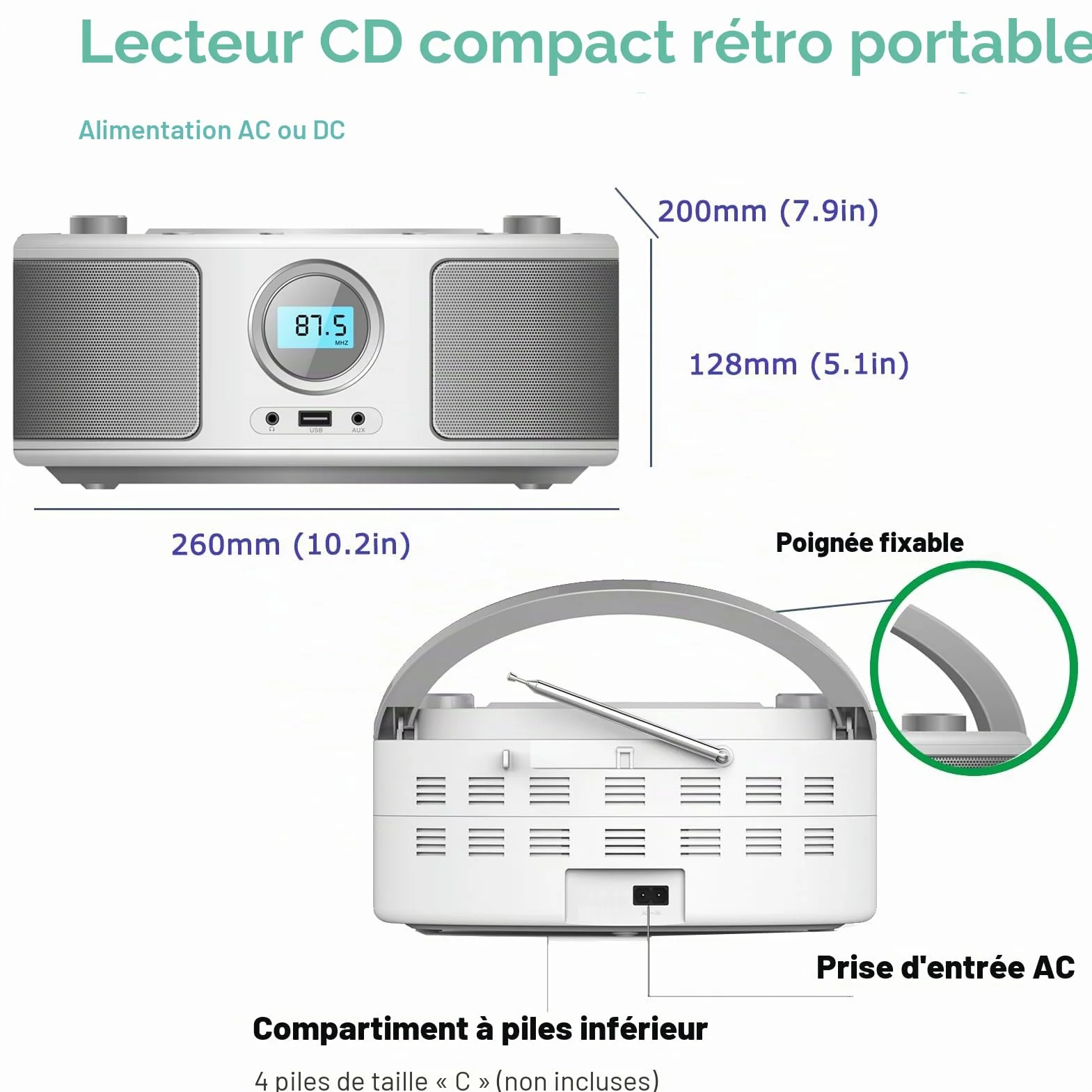 Poste CD Enfant, WISCENT Radio FM Lecteur CD Portable Boombox (avec Bluetooth,Radio FM,USB,AUX,Prise Casque) Lecteur CD Enfant