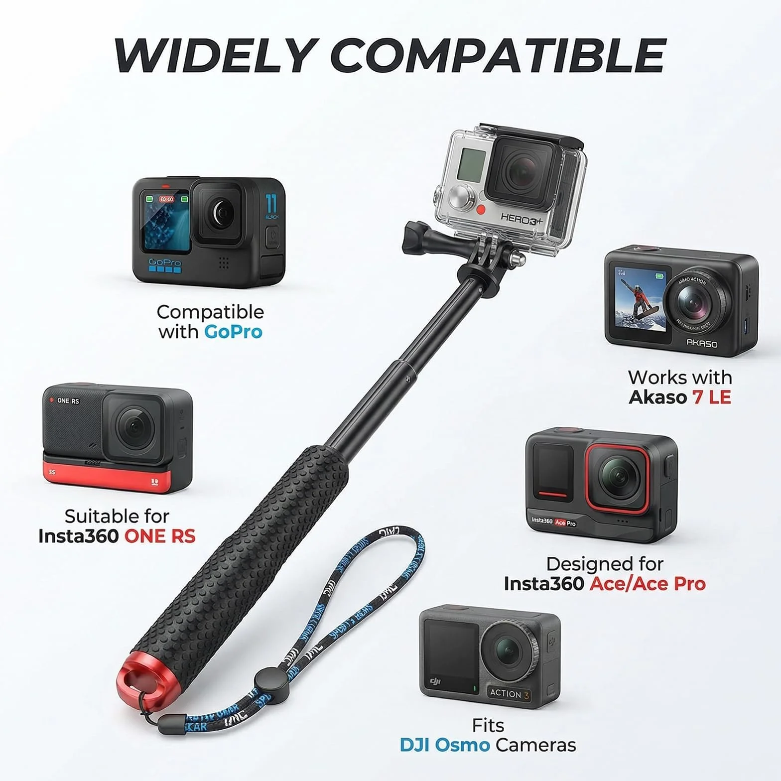 Perche Etanche pour GoPro et Action Cam, télescopique 49 cm, Format Compact 18 cm, Perche à Selfie Etanche sous Marine, Compatible DJI Osmo Action, Insta360 Ace Pro
