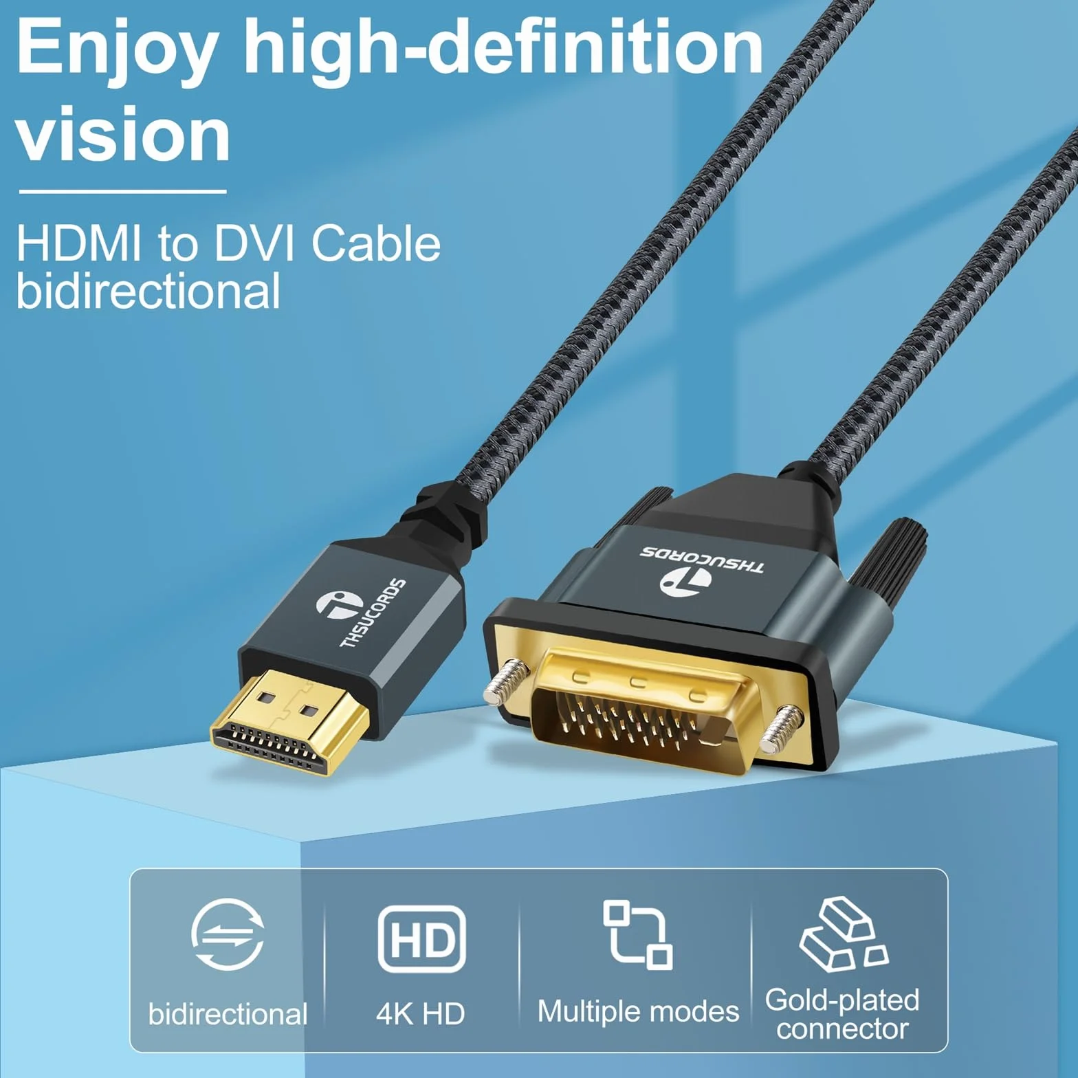 Thsucords Câble HDMI vers DVI 4K 1M, Plaqué et Tressé, Câble DVI vers HDMI Bidirectionnel Compatible avec projecteur, ordinateur Portable, TV, PC, lecteur DVD