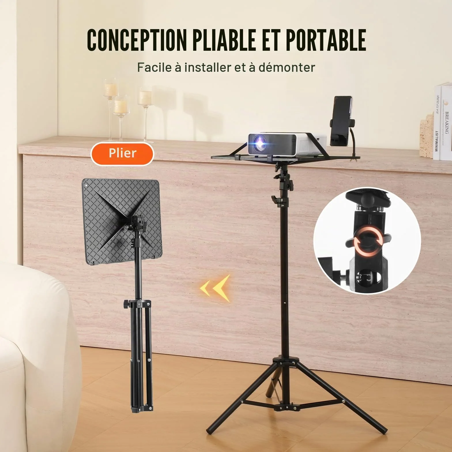 VEVOR Support Trépied Vidéoprojecteur Hauteur Réglable 68,5-160 cm avec Plateau et Support Téléphone