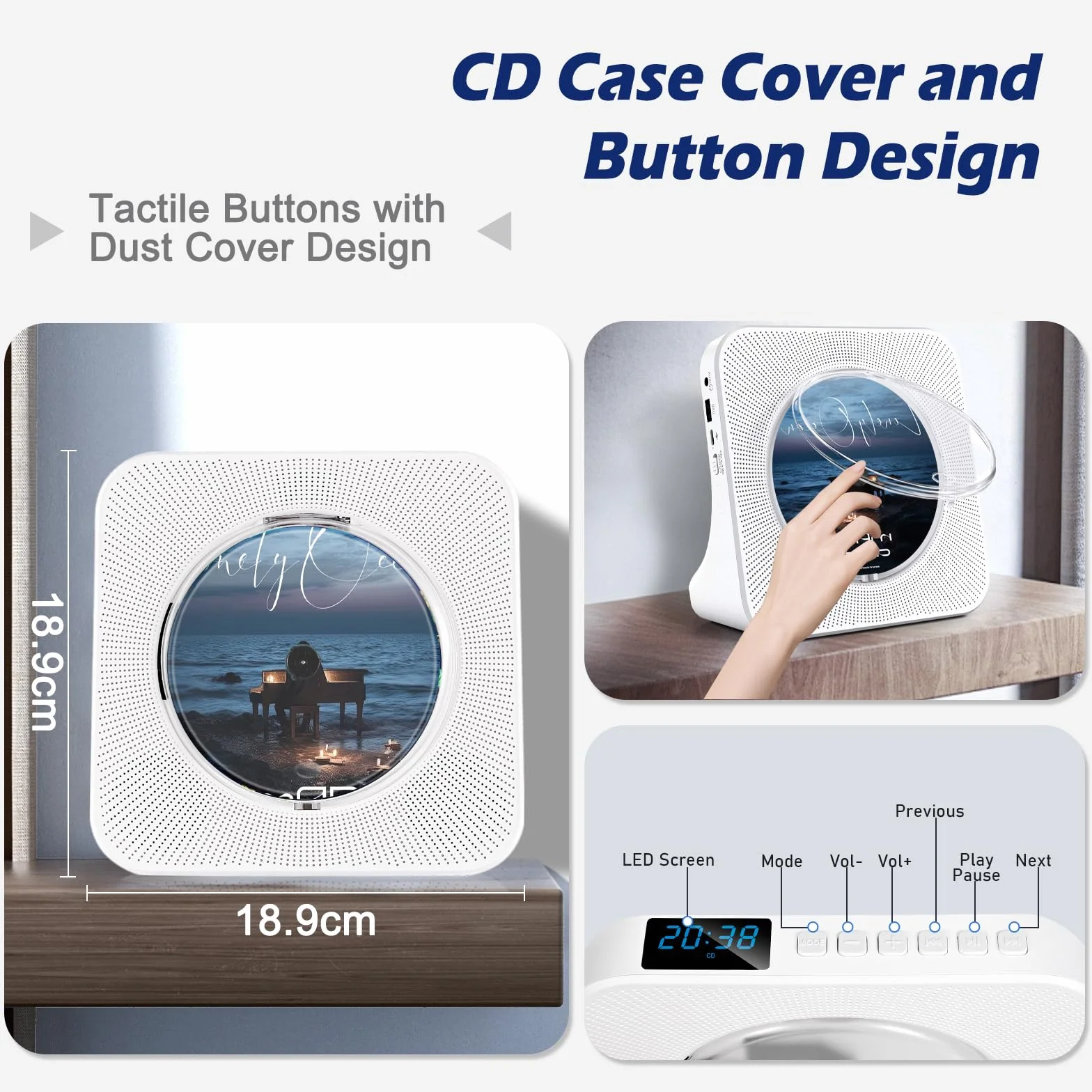 Lecteur CD Bluetooth Portable avec Radio FM, Haut-Parleurs Double, USB/AUX, Télécommande