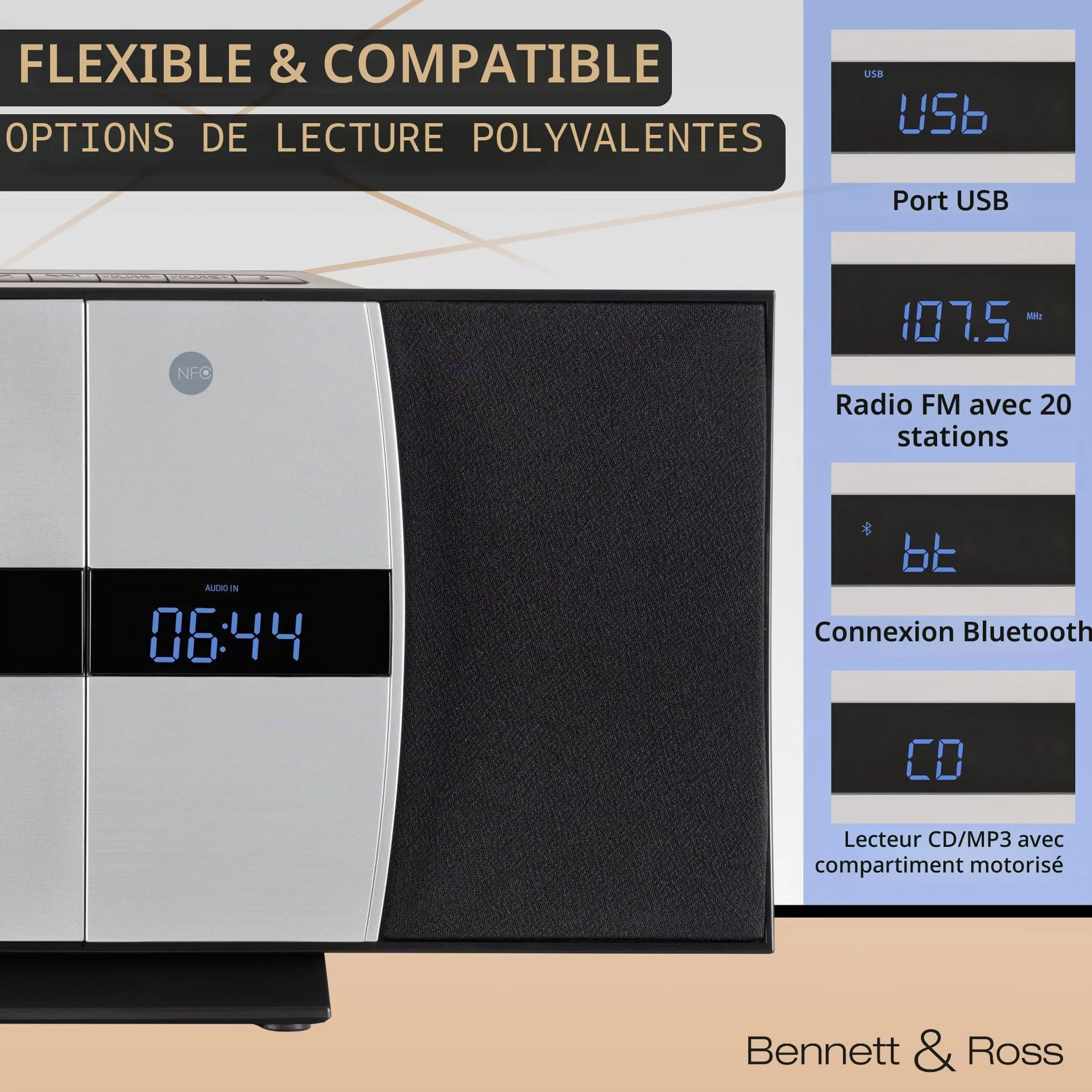 Bennett & Ross Ålesund Microchaîne hi-fi avec lecteur CD, MP3, UKW, USB, Bluetooth NFC - Installation murale ou sur pied - Argenté
