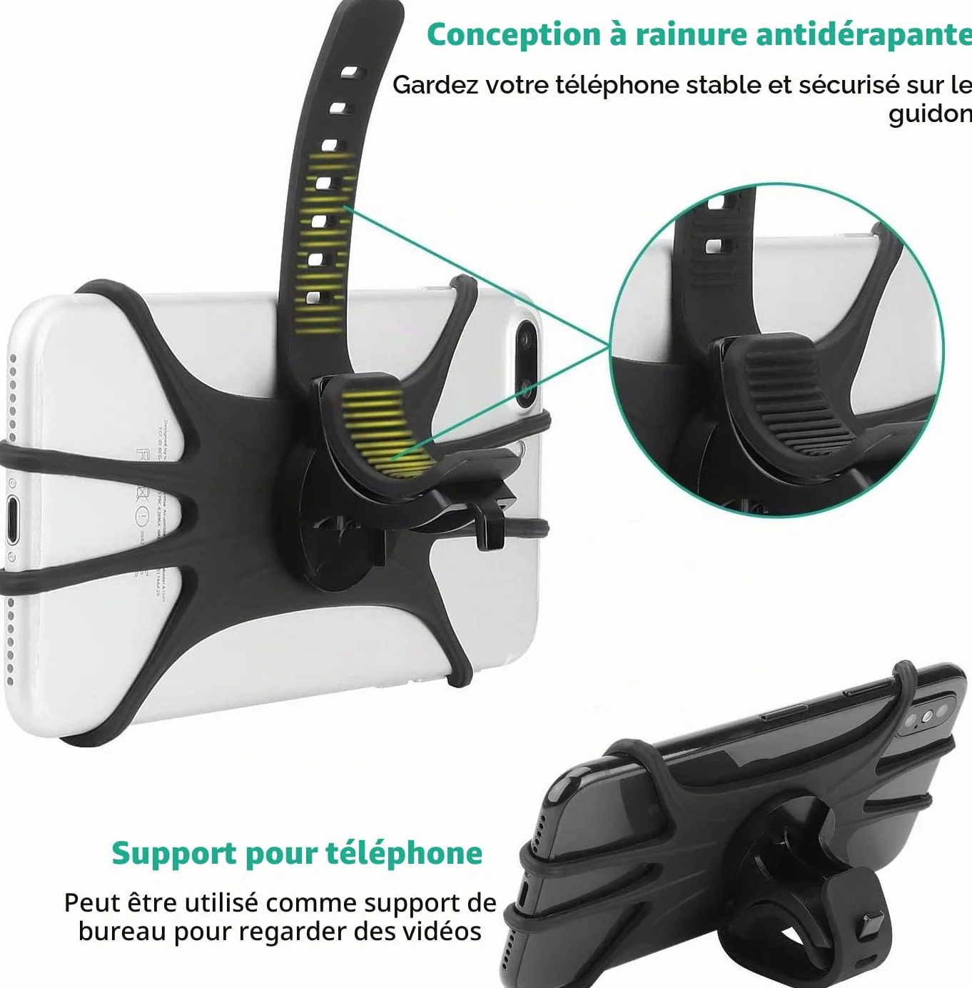 Support en silicone pour téléphone portable pour vélo, universel, rotatif à 360°, compatible avec iPhone SE/11/12/13/14 Pro Max/X/XS MAX/XR/8'' à 6,5'' Smartphones