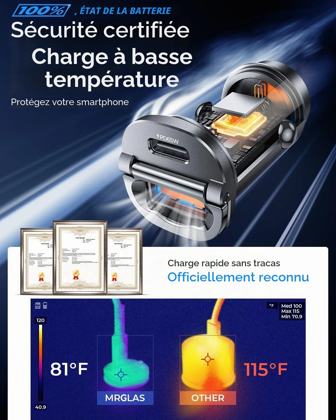 MRGLAS 125W Allume Cigare USB C [PD65W & QC60W] Charge Rapide Mini Tout métal Chargeur Voiture USB C 12v Prise Allume Cigarette Adaptateur pour iPhone 17 Pro Max Air 16 15 14, Samsung, Google, iPad