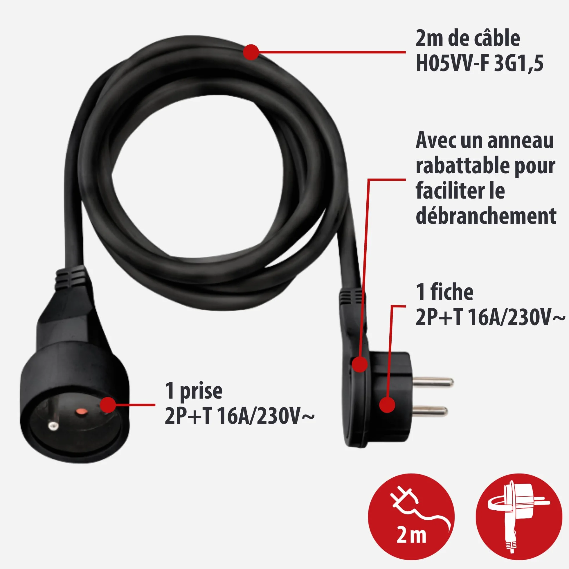Brennenstuhl Rallonge 2m câble fiche plate Noir