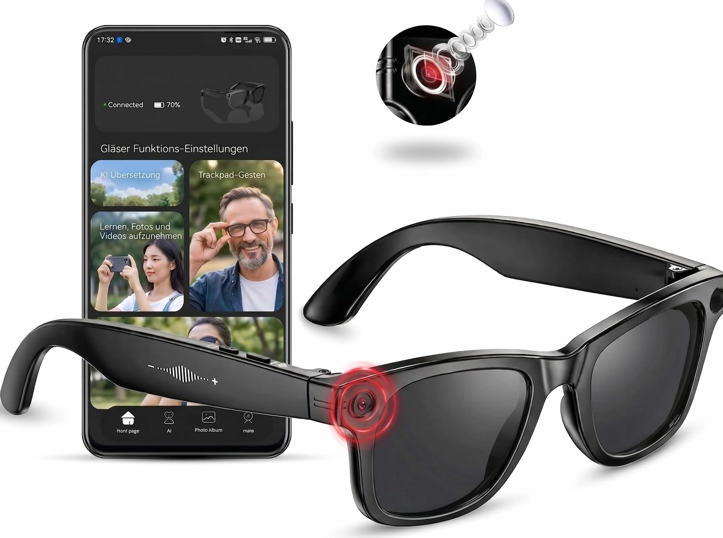 Lunettes intelligentes avec KI & Bluetooth, assistant vocal ChatGPT, protection UV, Wi-Fi, traduction en temps réel en 89 langues, caméra 2K, audio ouvert, étanchéité IP65, identification des objets