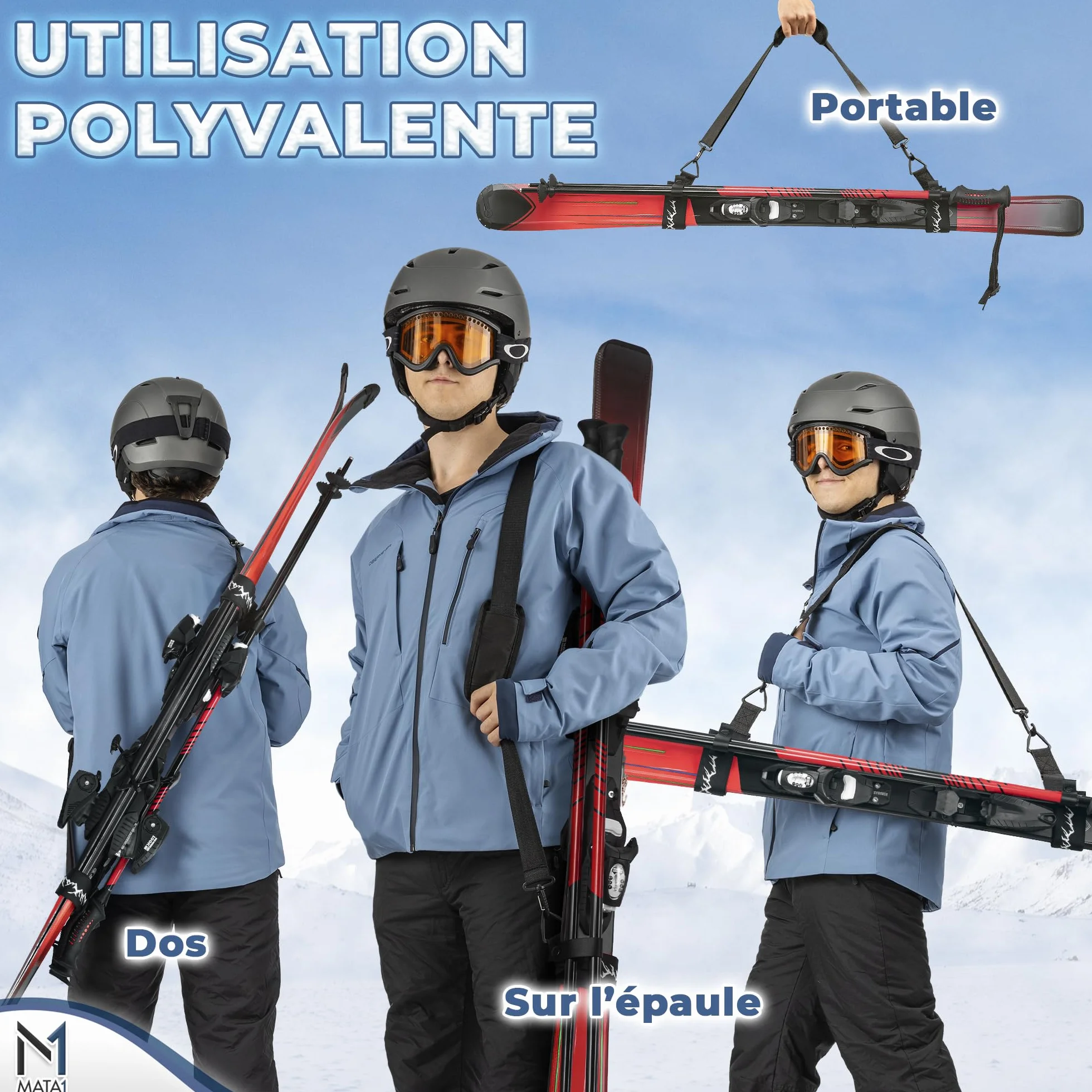 Sangle de Ski Porte-bâtons Noir Bandoulière réglable Transport Skis Bâtons