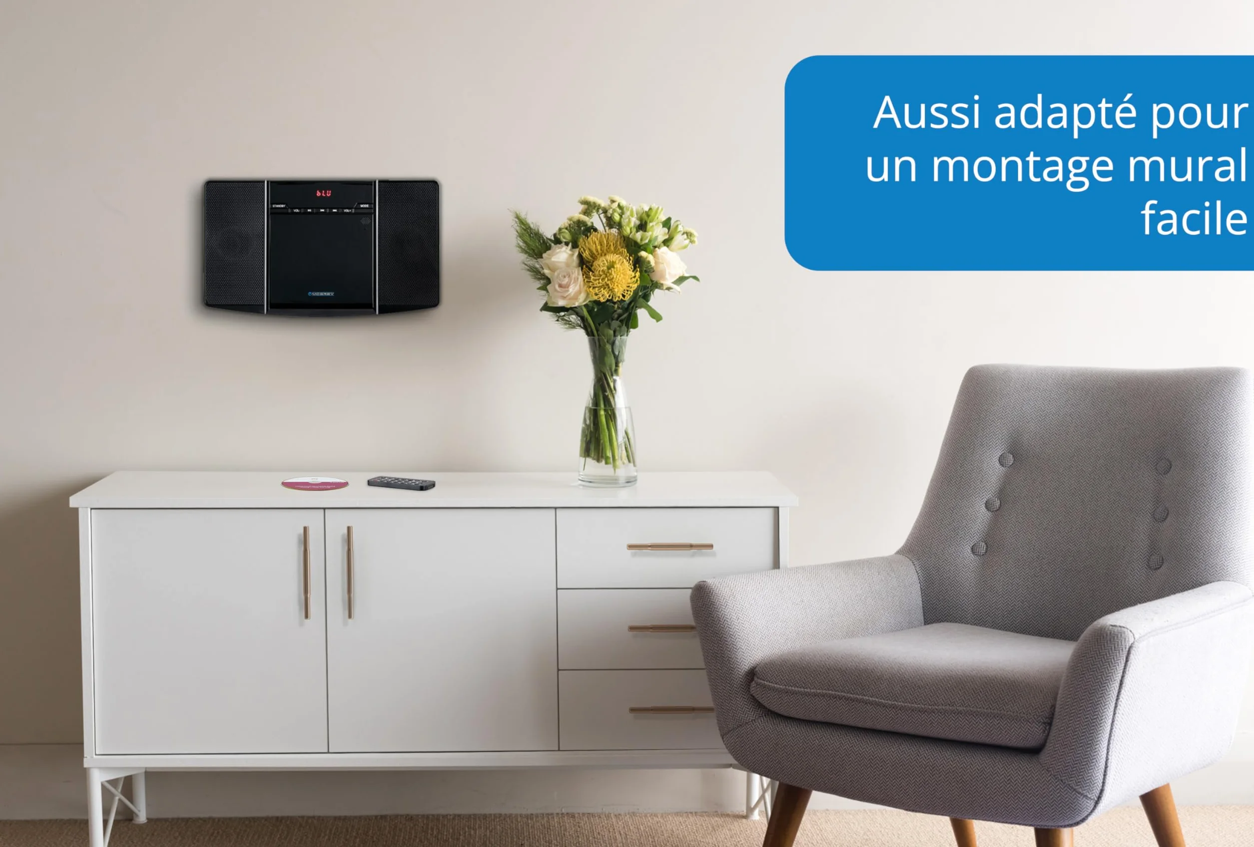 McGrey MCD-60 Système Stéréo Vertical - Hi?FI Compact Gain de Place avec Lecteur CD/MP3, Emplacement USB, Streaming Bluetooth & Radio FM/AM - Entrée AUX, Télécommande, 2X 3 Watt RMS - Noir
