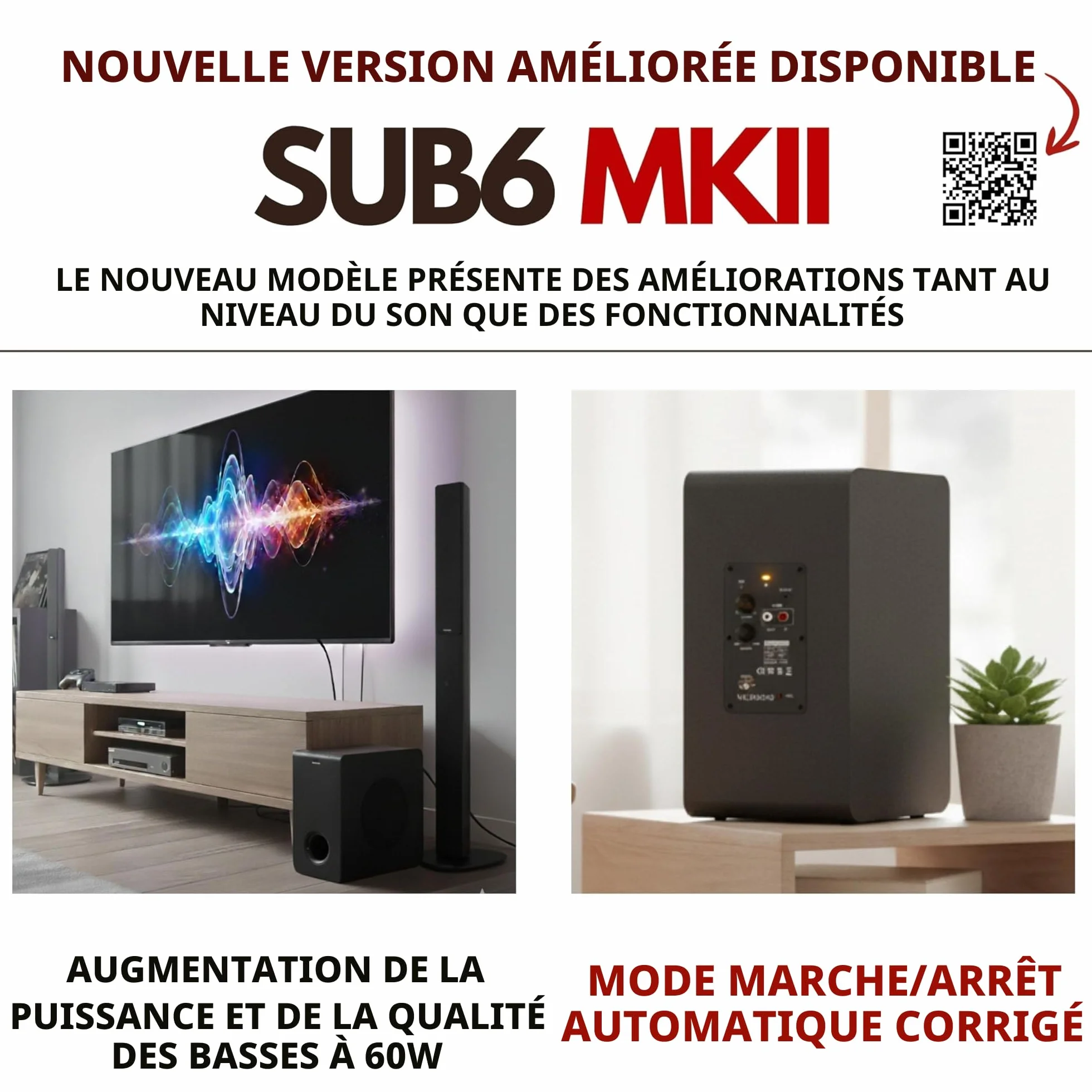 VULKKANO SUB6 Caisson de Basse de 6.5 Pouces, Fréquence 60Hz-250Hz, Subwoofer Actif Élégant