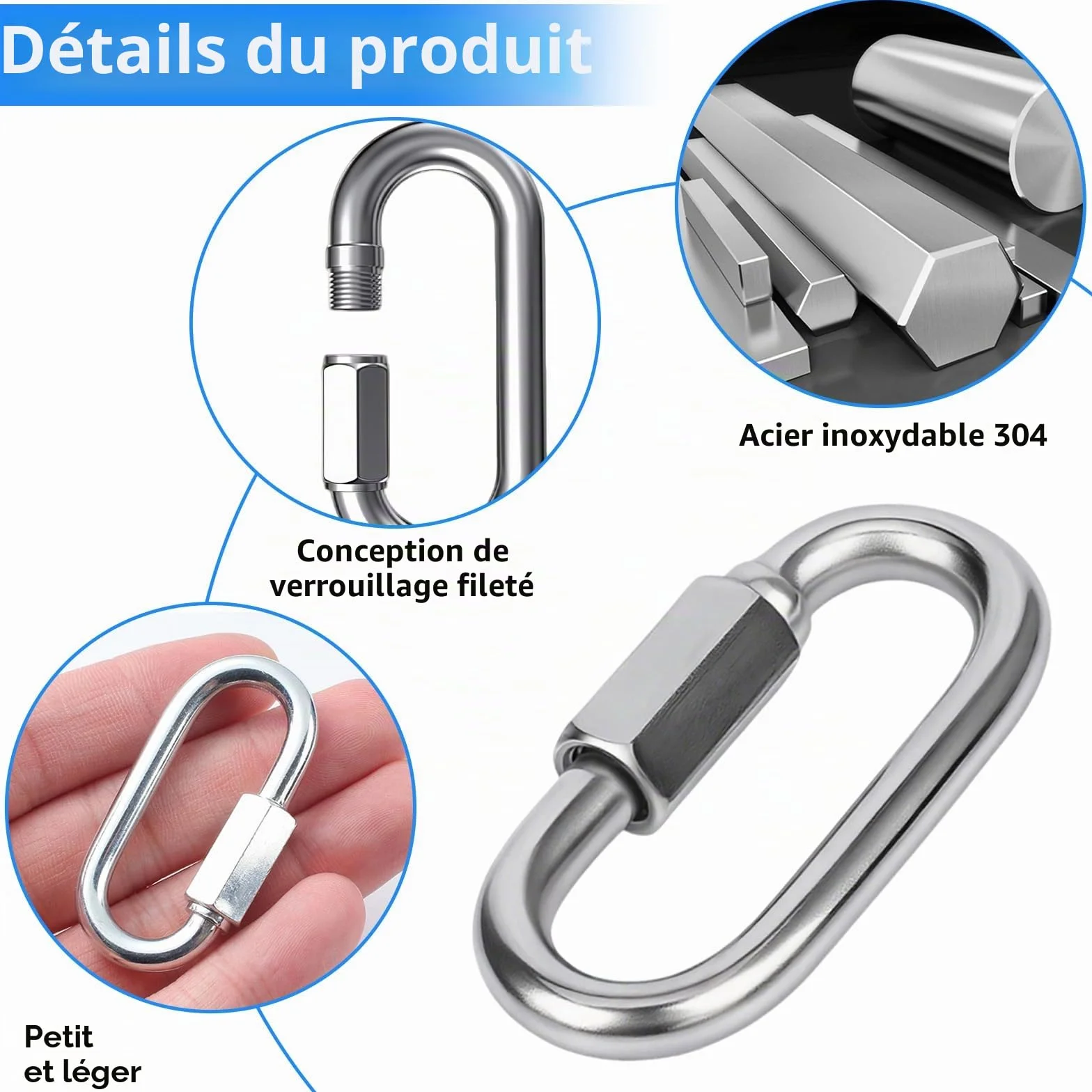 Maillon Rapide INOX M6, Mousqueton à Vis Inoxydable 304 pour Camping Randonnée