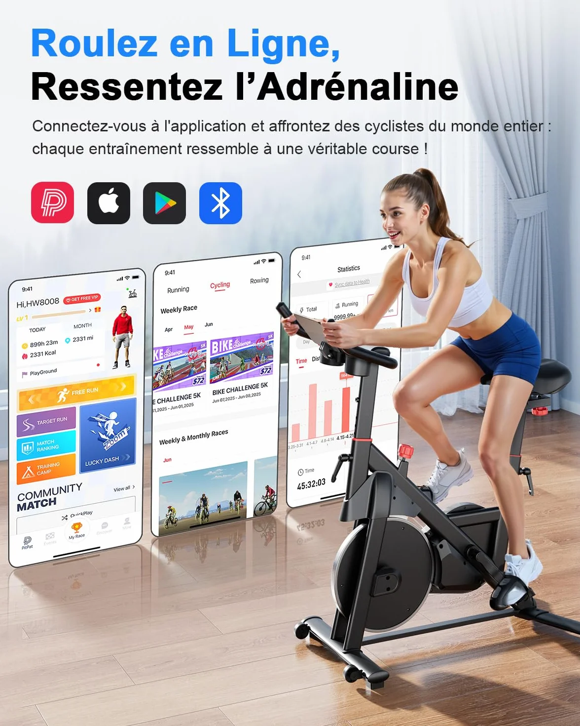Vélo d'Appartement avec Écran LCD et Application, Résistance Magnétique Réglable, 136 kg