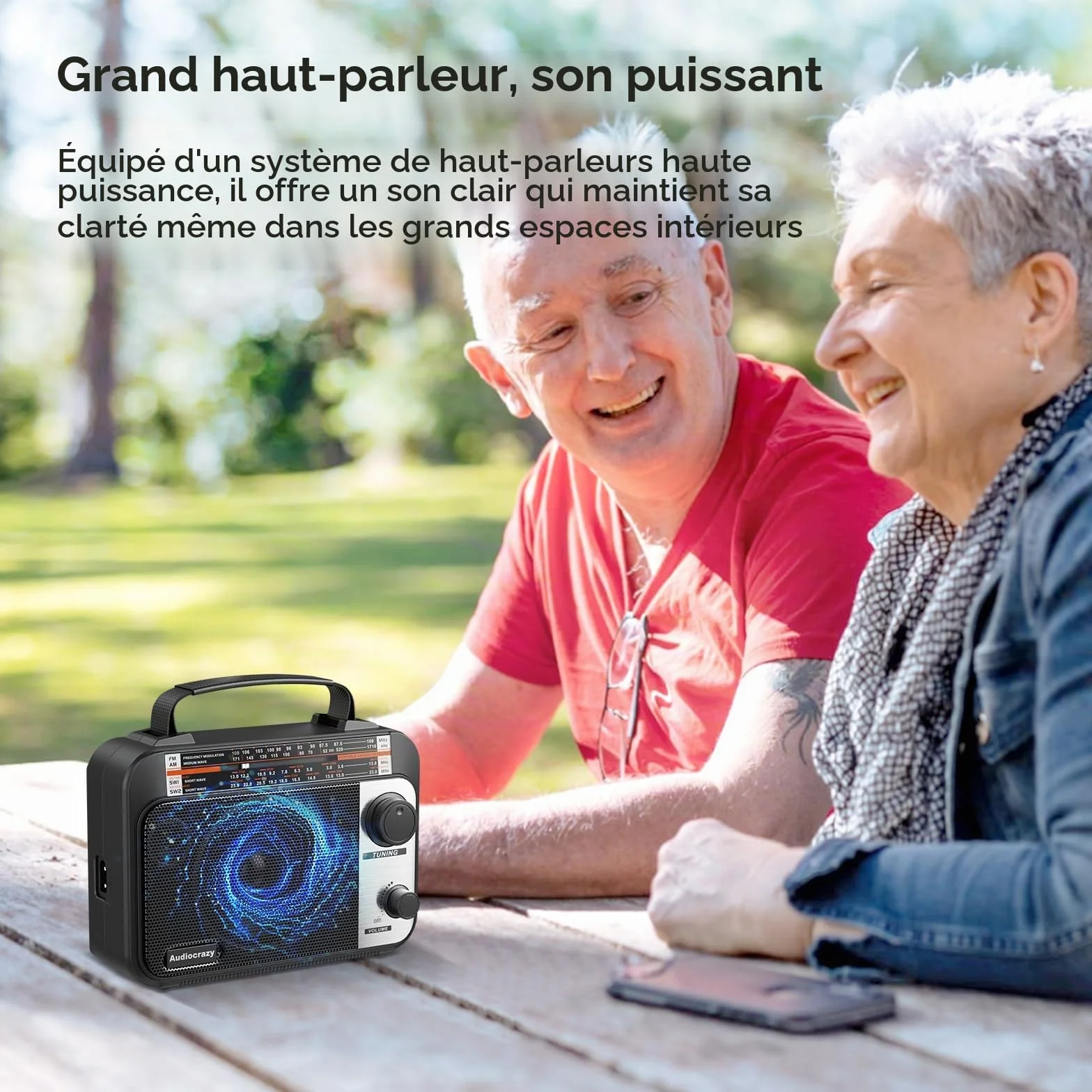 Radio Portable FM/AM/SW1-2 Radio Multibande avec Batterie Rechargeable 1800 mAh, Câble AC Ou Radio FM Portable avec Piles, Haut-parleurs, Prise Casque, Entrée AUX Noir