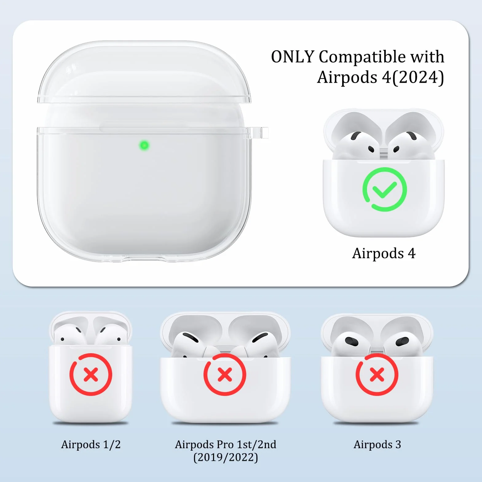 Coque Silicone AirPods 4 2024 Anti-Choc Transparent avec LED Visible, Kit Nettoyage, Porte-clés et Cordon
